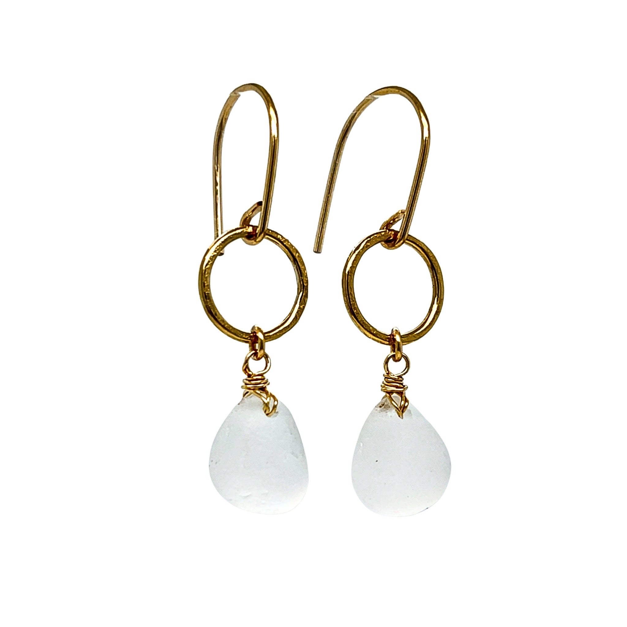 Clear Sea Glass Circle Gold Earrings