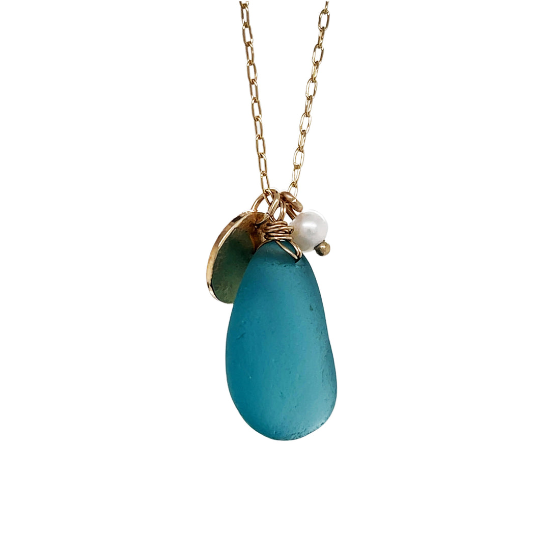 Turquoise Sea Glass and Pearl Gold Necklace