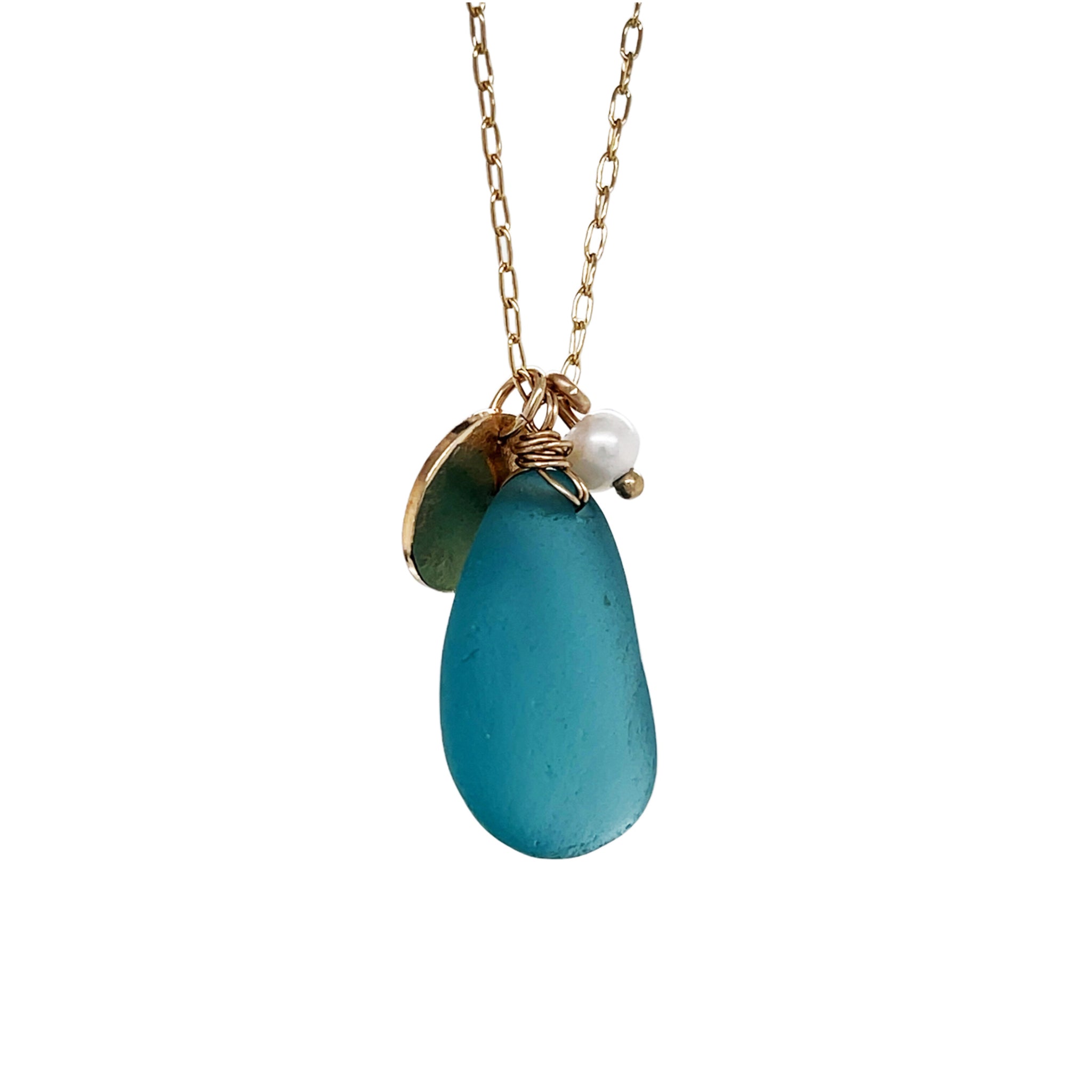 Turquoise Sea Glass & Pearl Gold Necklace