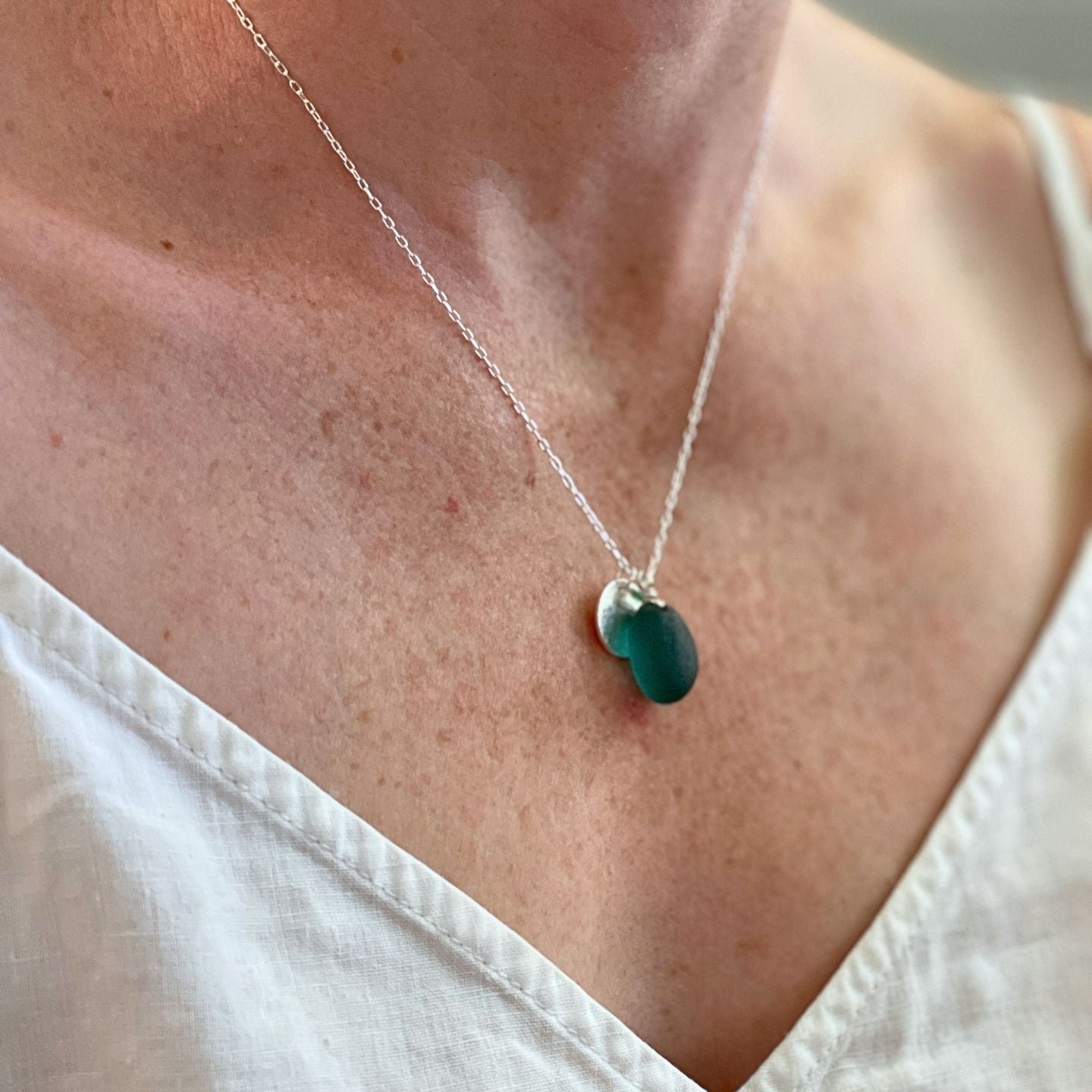 Teal Sea Glass Green Onyx & Disc Silver Necklace