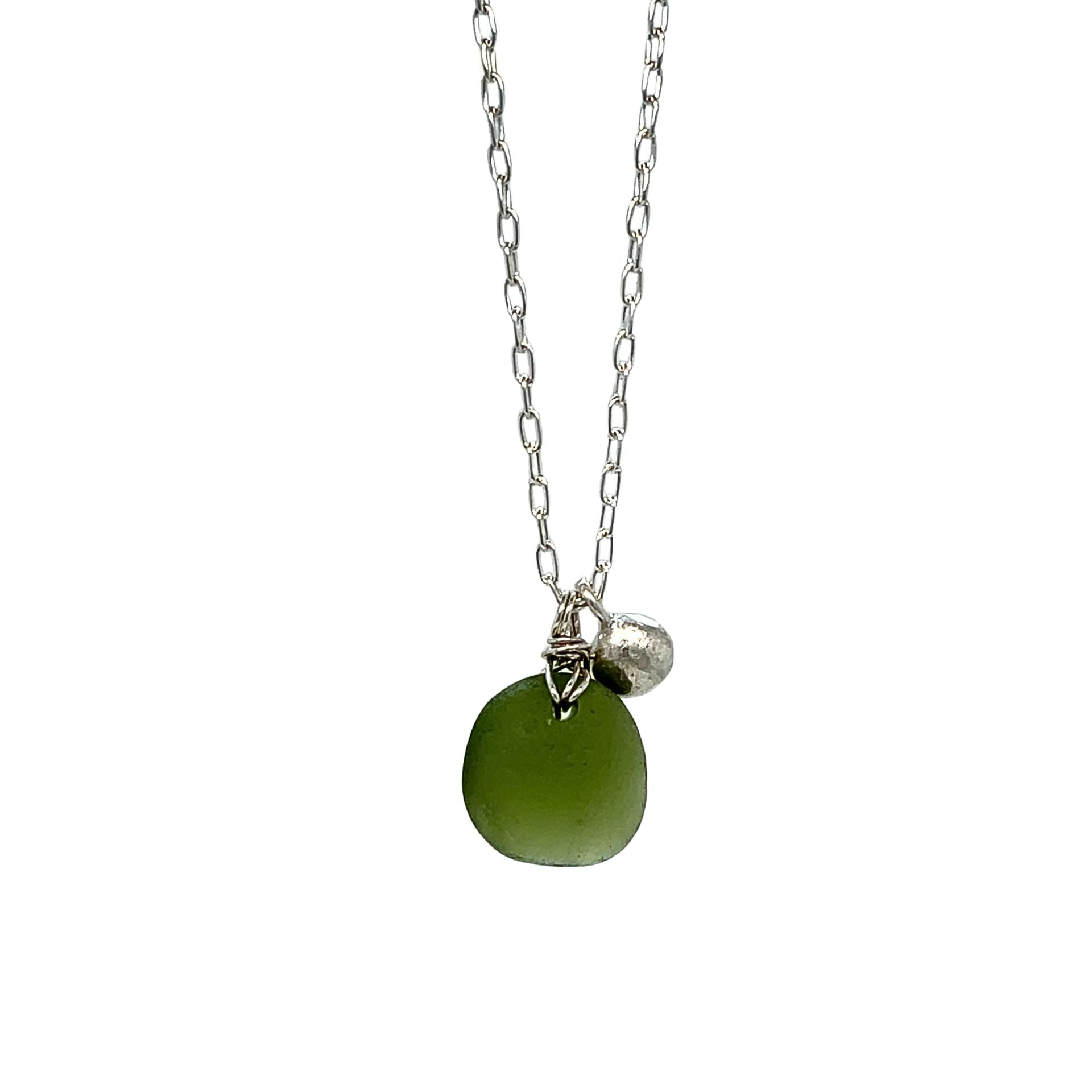 Green sea glass necklace with tiny silver nugget charm