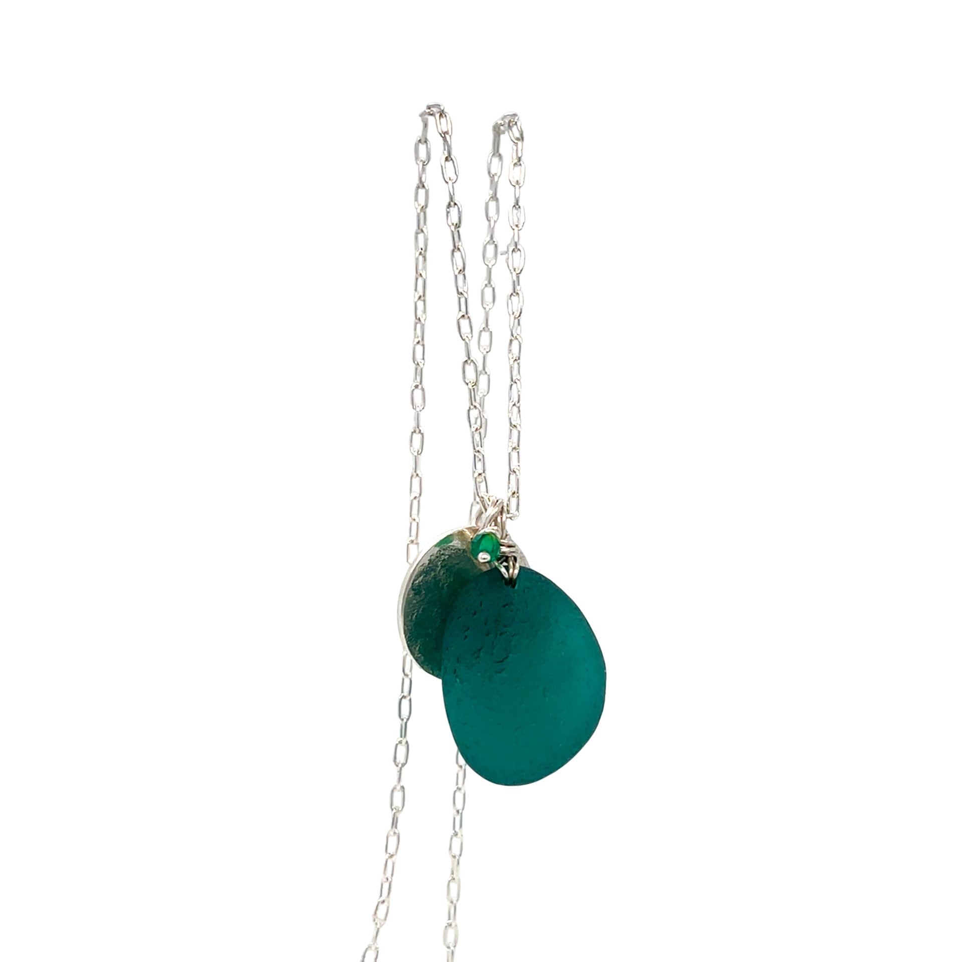 Teal Sea Glass Green Onyx & Disc Silver Necklace