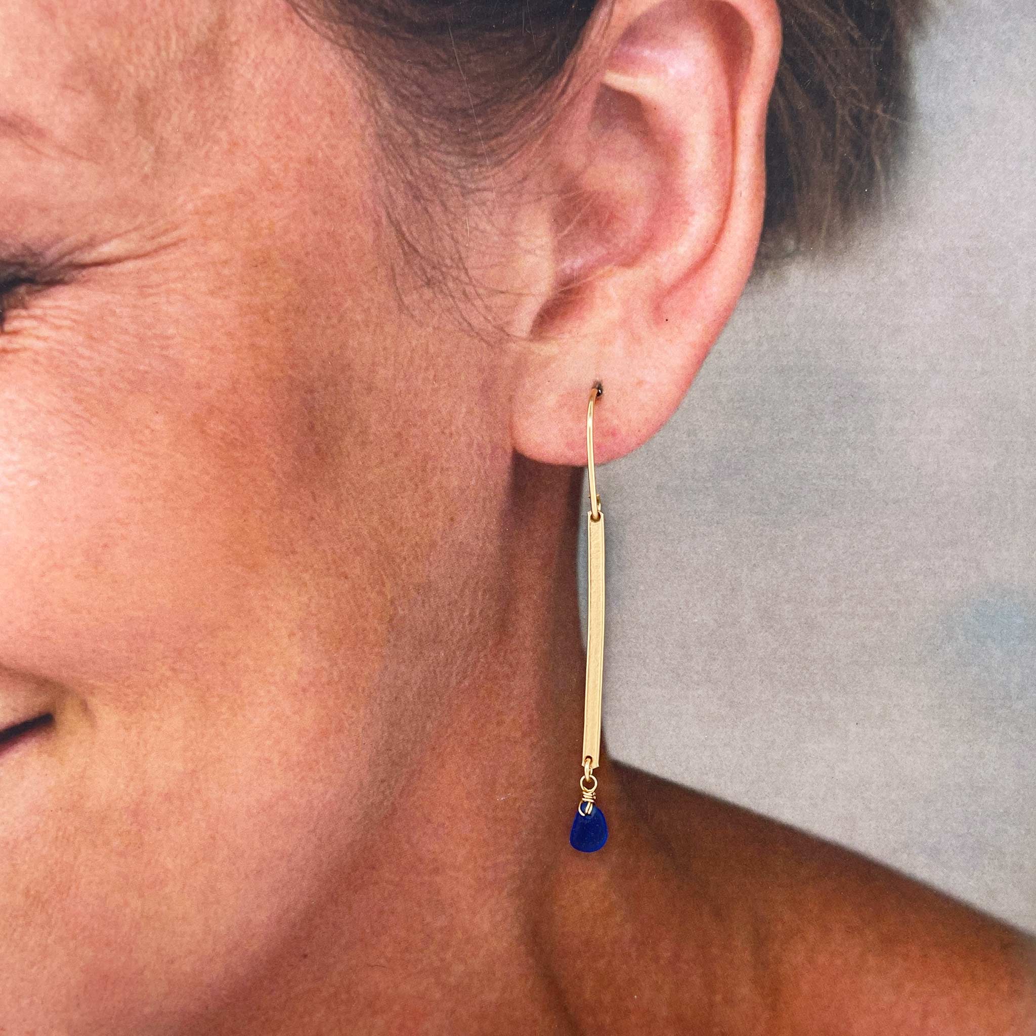 Blue Sea Glass Gold Bar Earrings