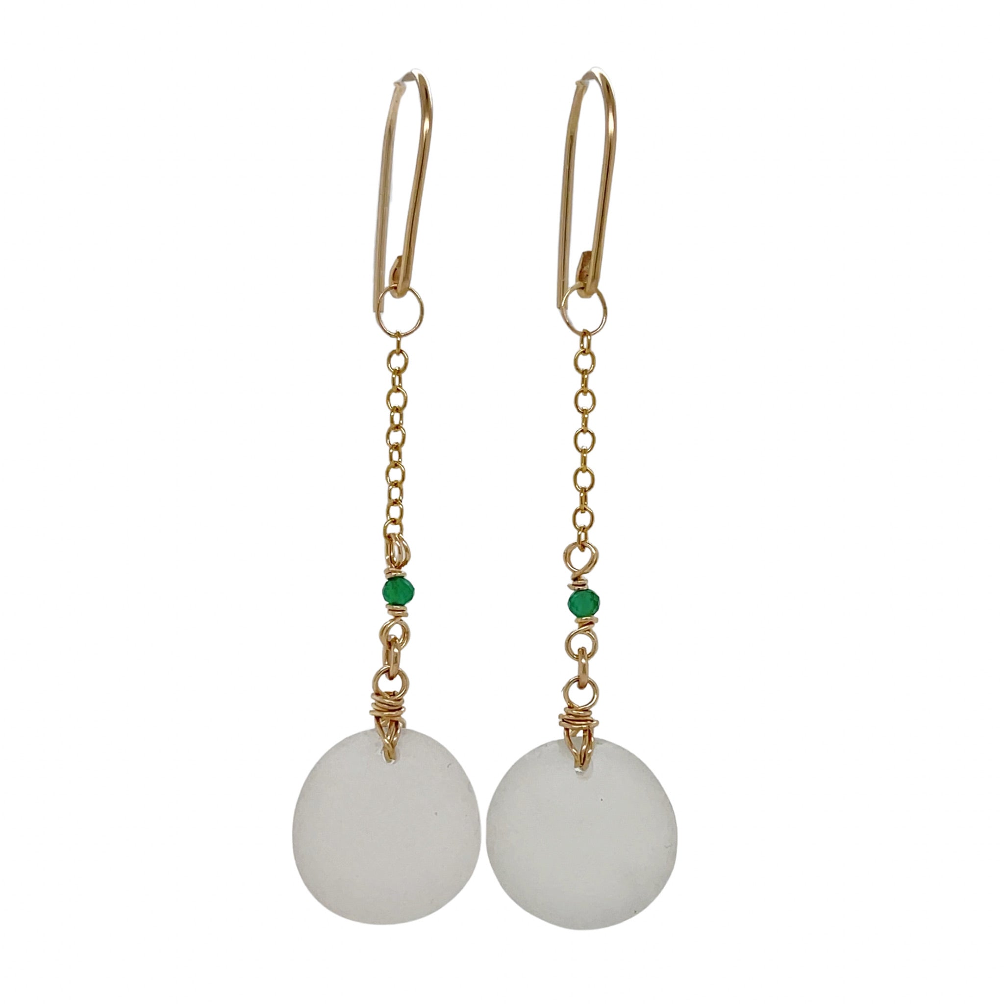 Clear Sea Glass and Green Onyx Chain Gold Earrings