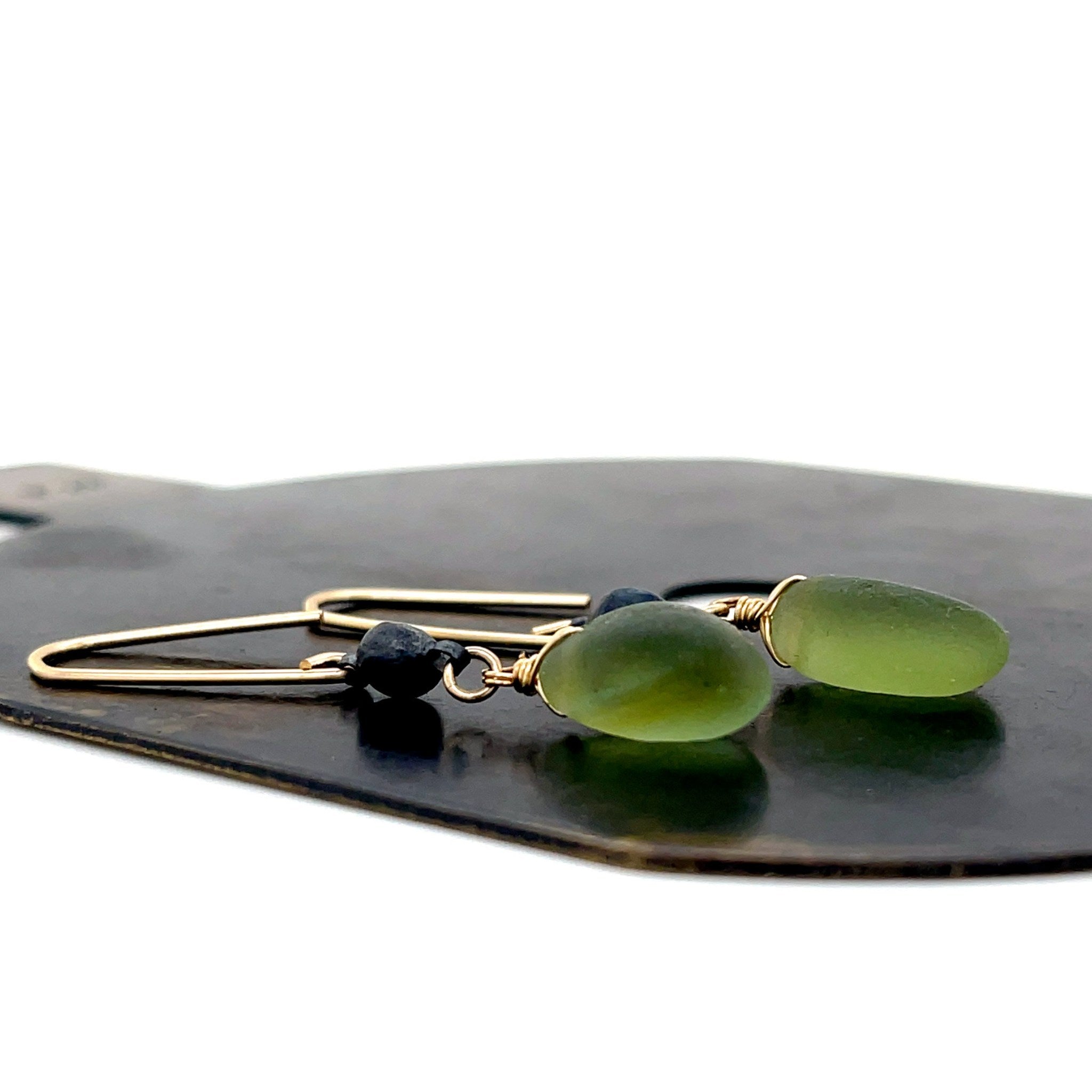 Green Sea Glass Gold Chandelier Earrings