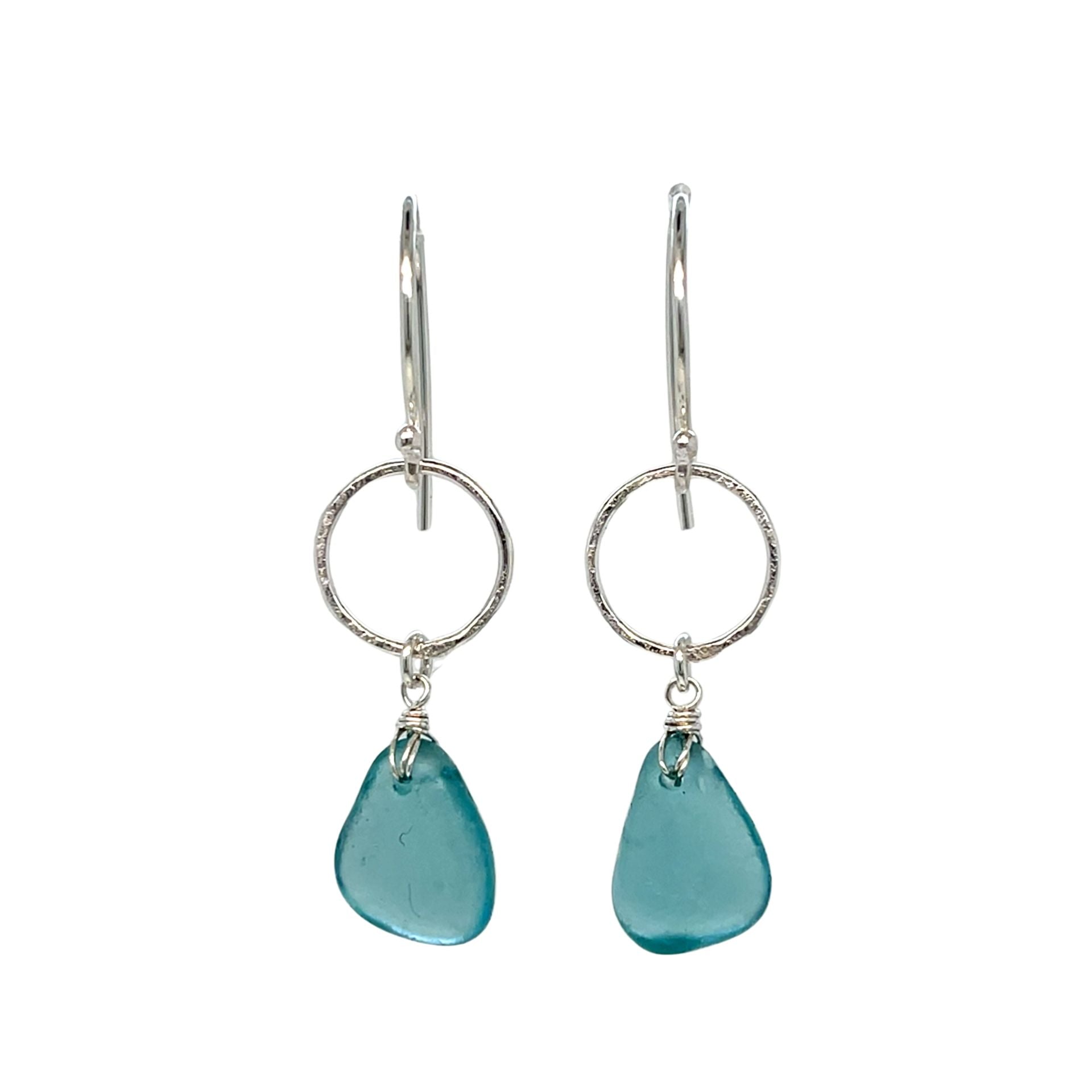 Turquoise Sea Glass Circle Silver Earrings