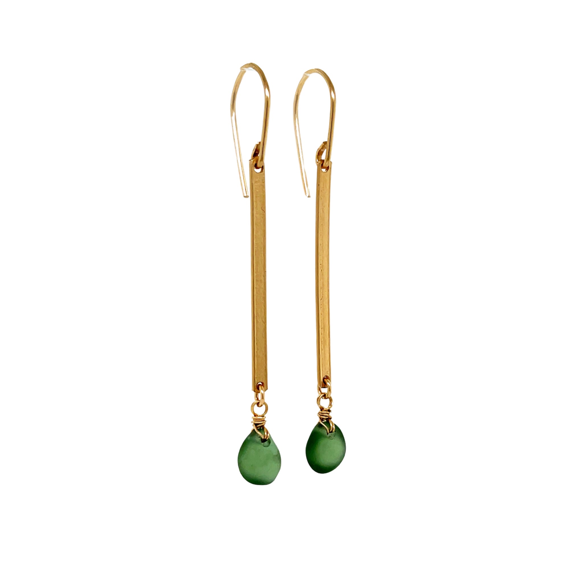 Green Sea Glass Bar Gold Earrings