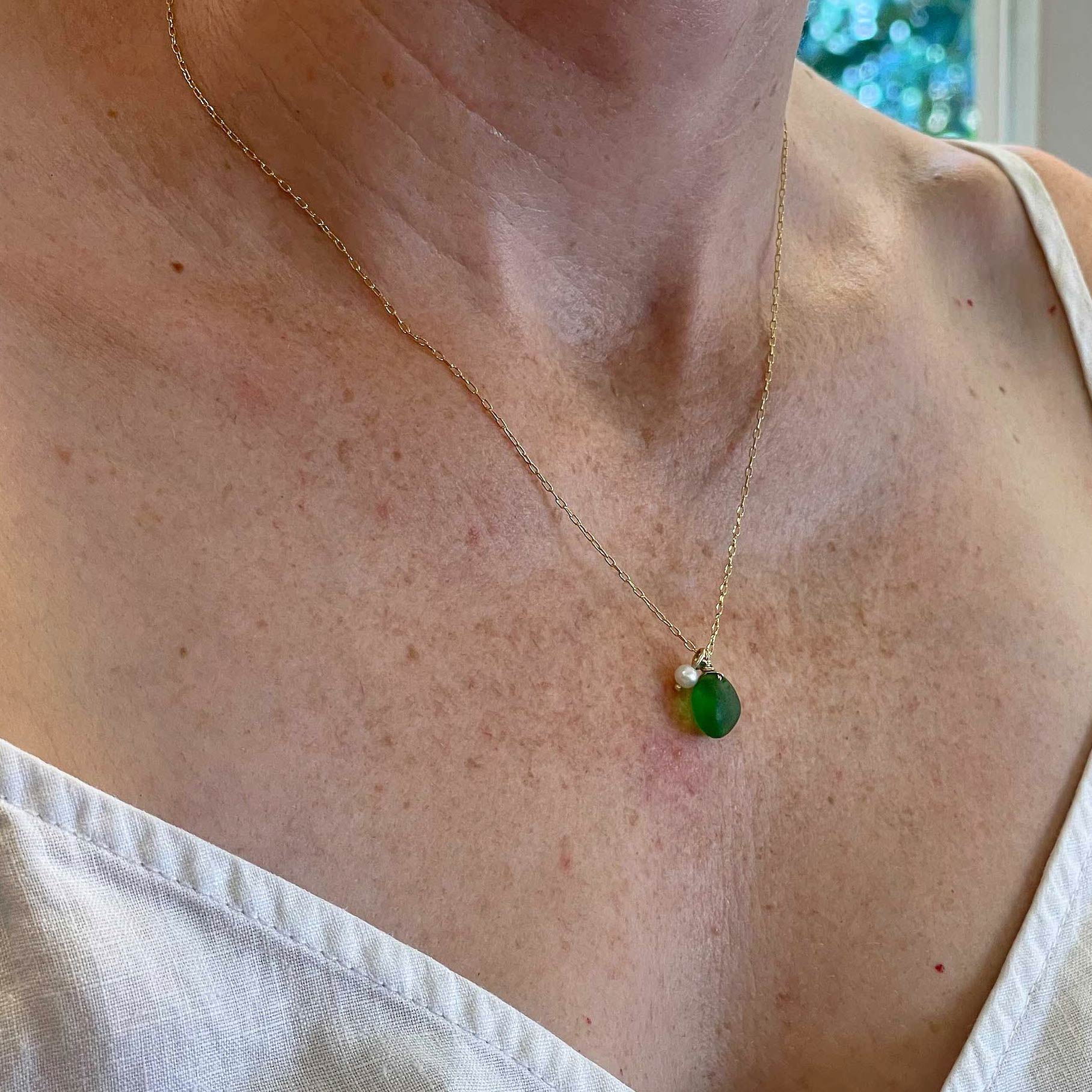 Emerald Green Sea Glass and Pearl Gold Necklace