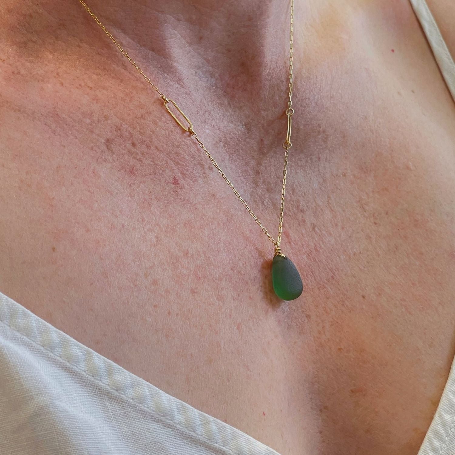 Green Sea Glass Paperclip Gold Necklace