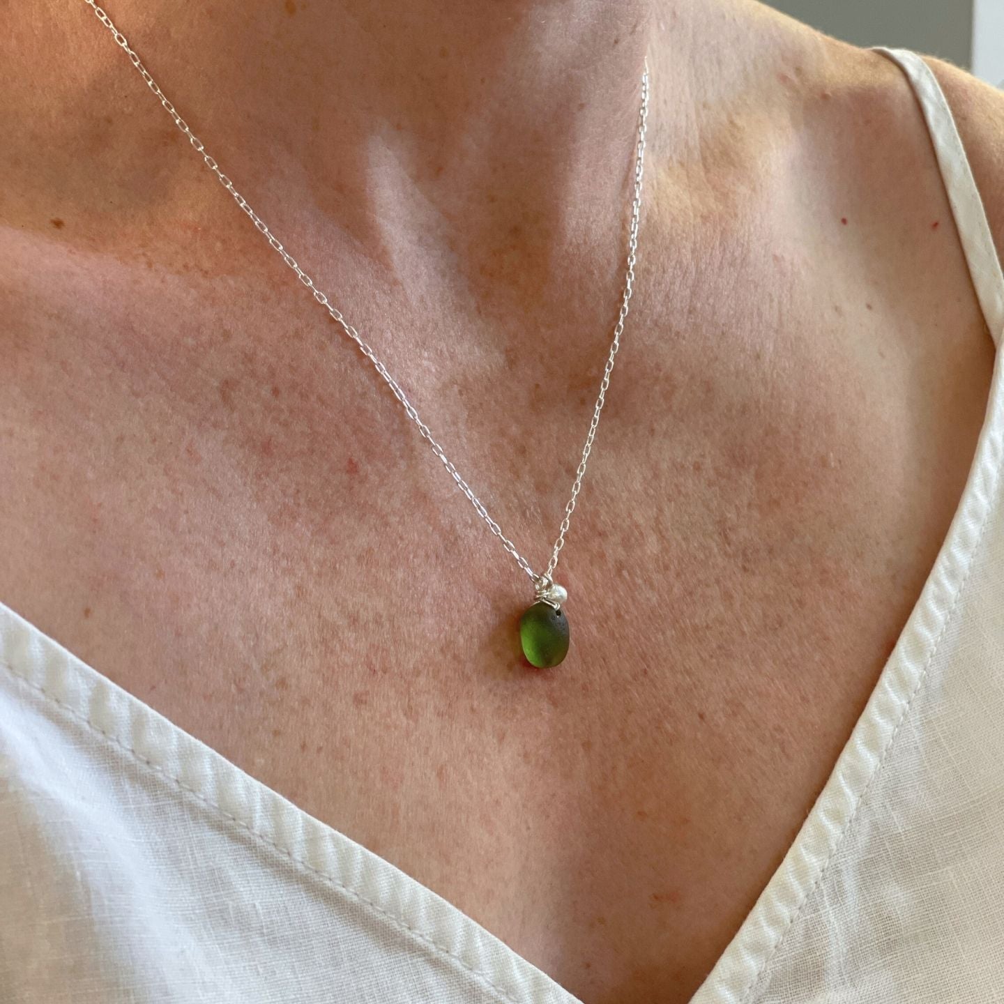 Green Sea Glass Silver Necklace