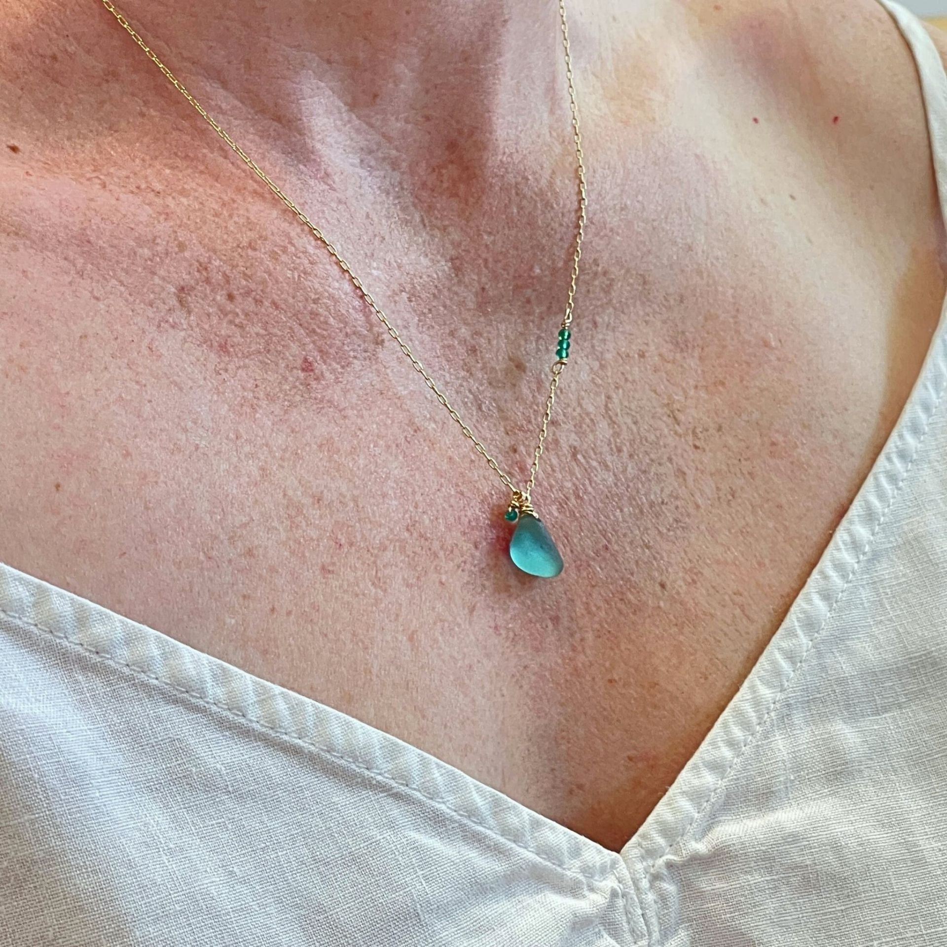 Sea Green Sea Glass Gold Necklace with Green Onyx Accents