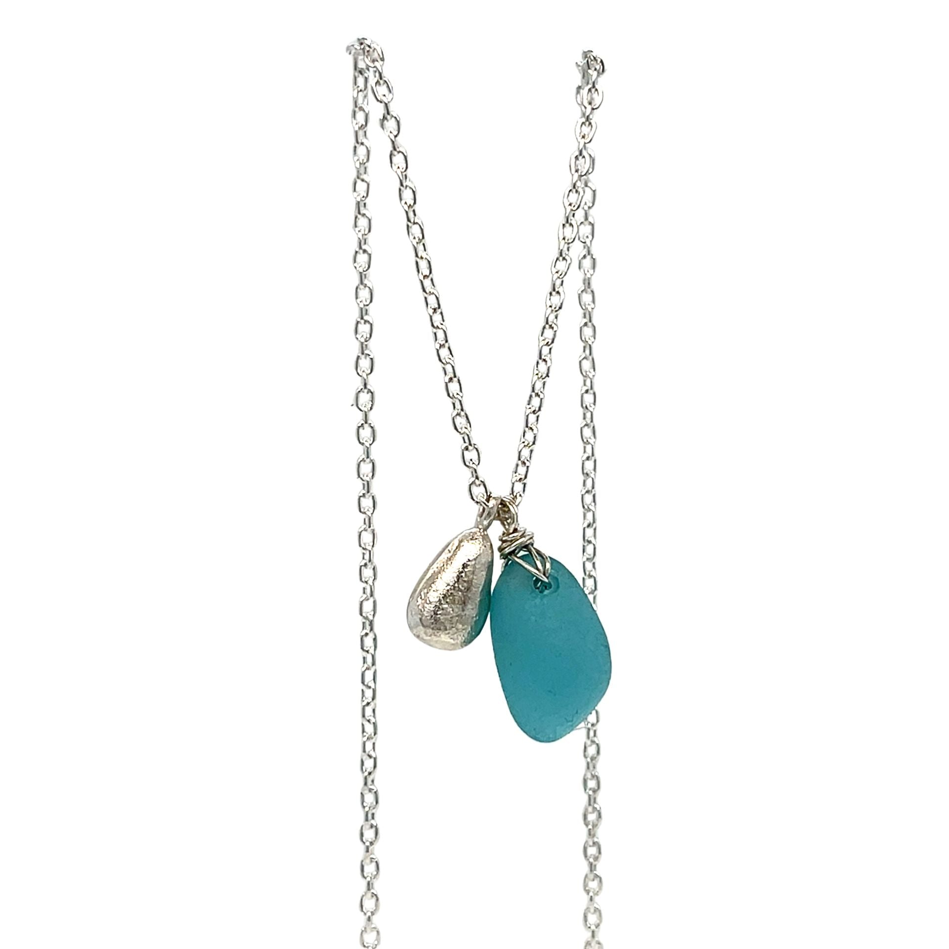Sterling silver necklace with turquoise sea glass and silver nugget