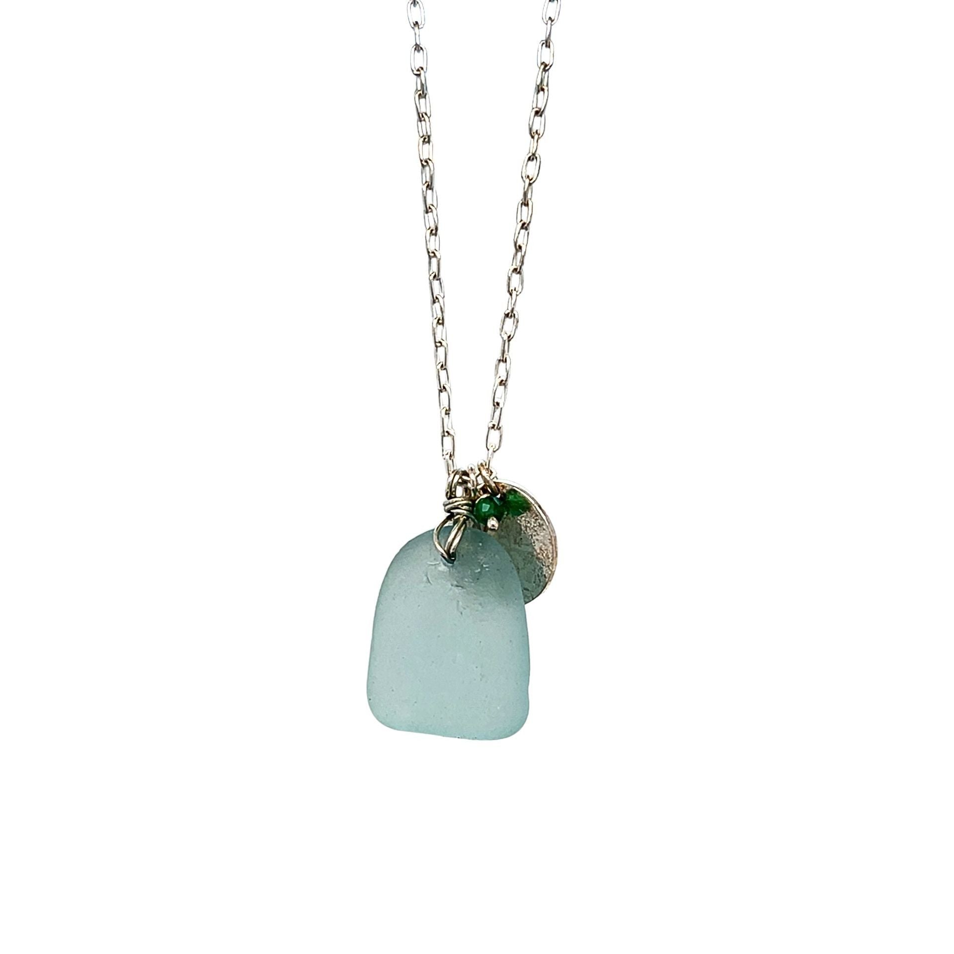 Pale aqua sea glass necklace with green onyx and matte silver disc
