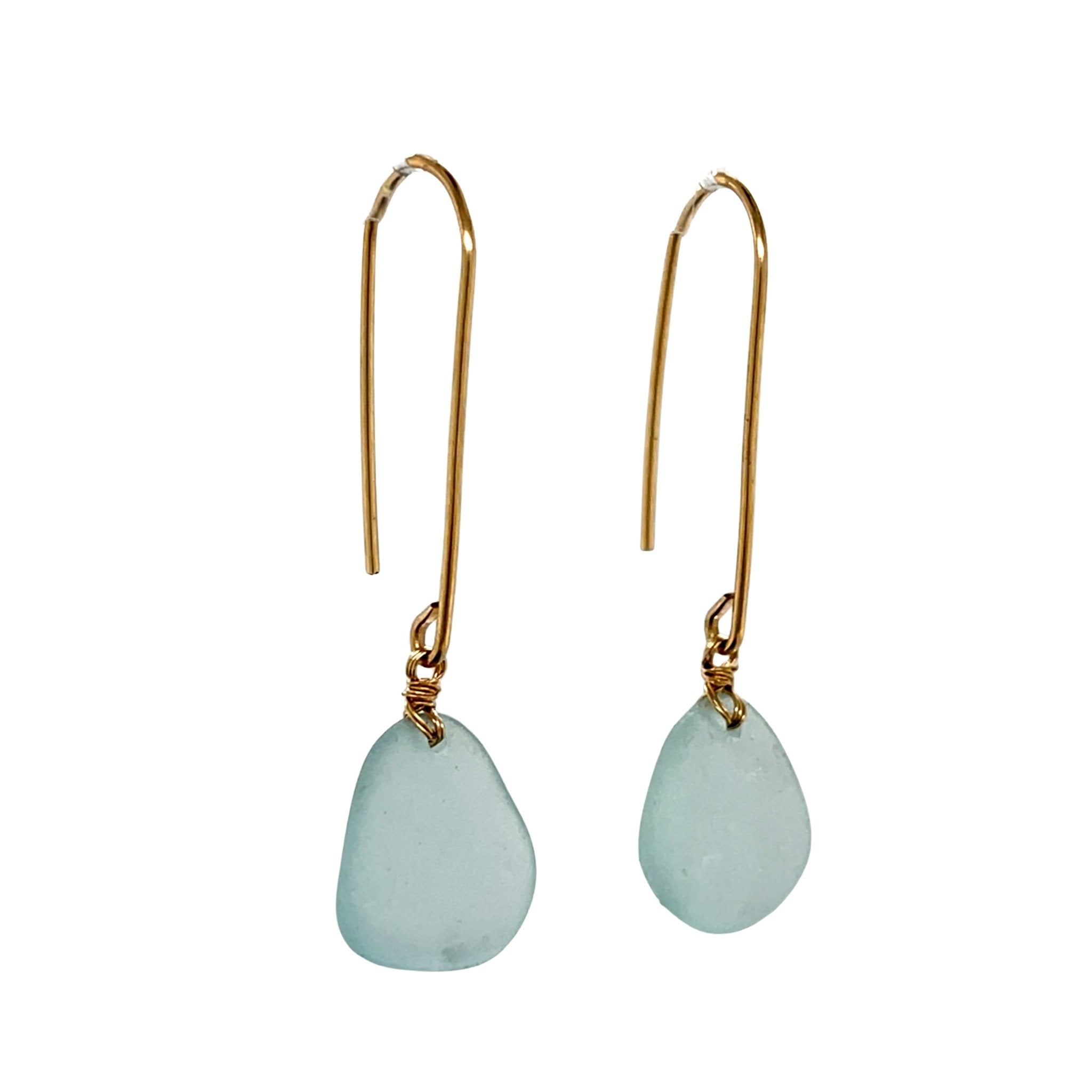 Pale Aqua Sea Glass Gold Drop Earrings