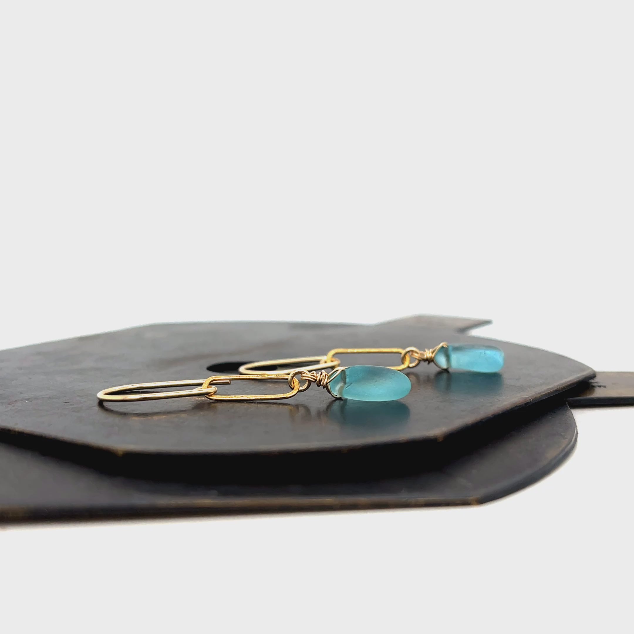 Turquoise Sea Glass Paperclip Gold Earrings