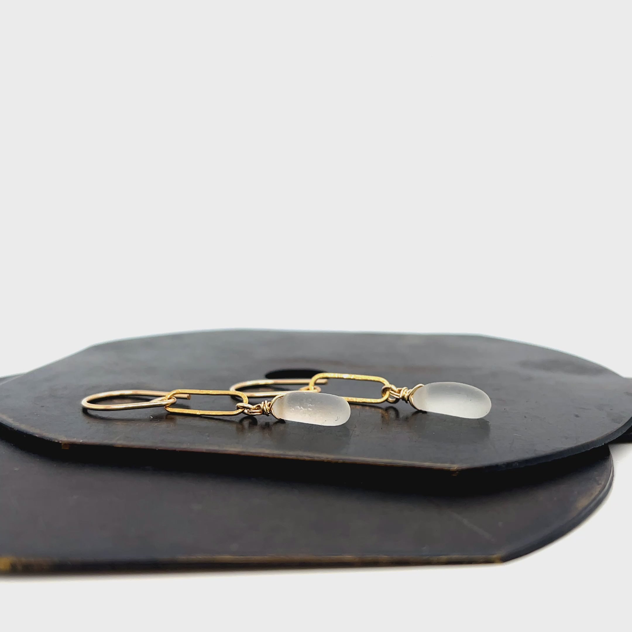 Clear Sea Glass Paperclip Gold Earrings