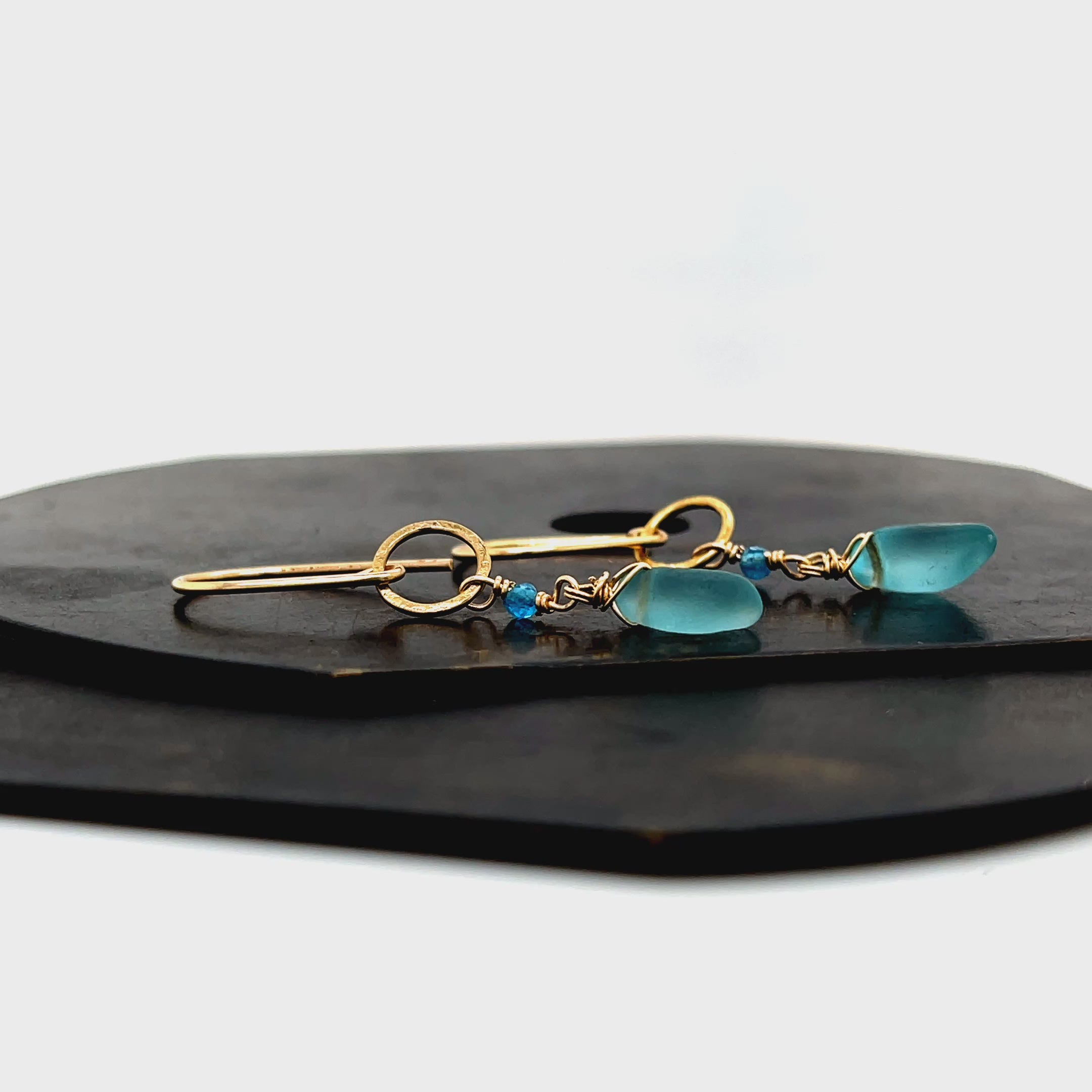 Turquoise Sea Glass & Apatite Gold Earrings