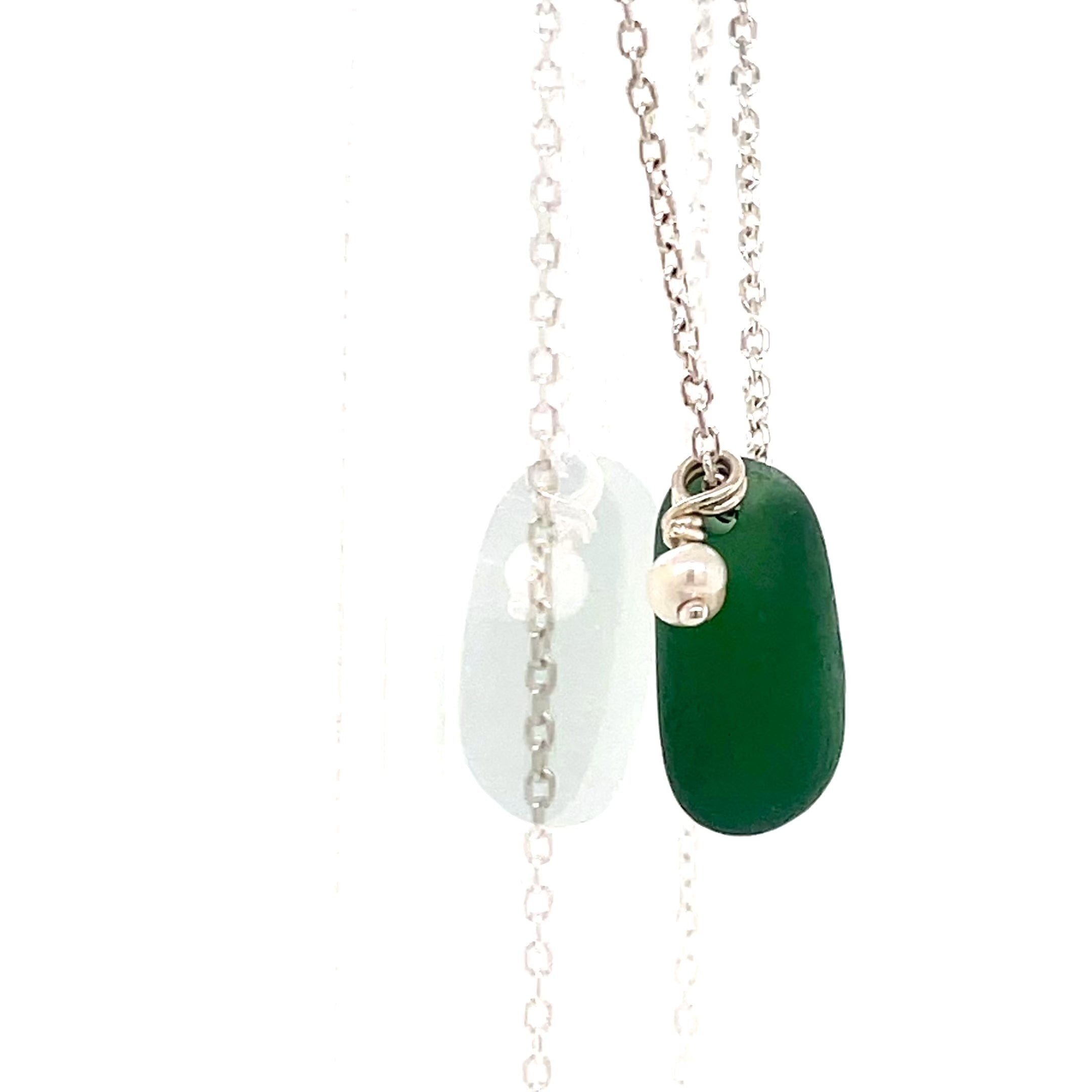 Green Sea Glass & Pearl Silver Necklace