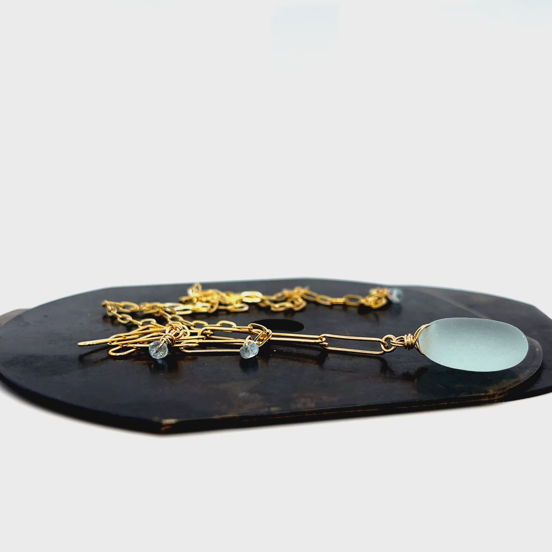 Adjustable gold sea glass necklace handcrafted by Kriket Broadhurst