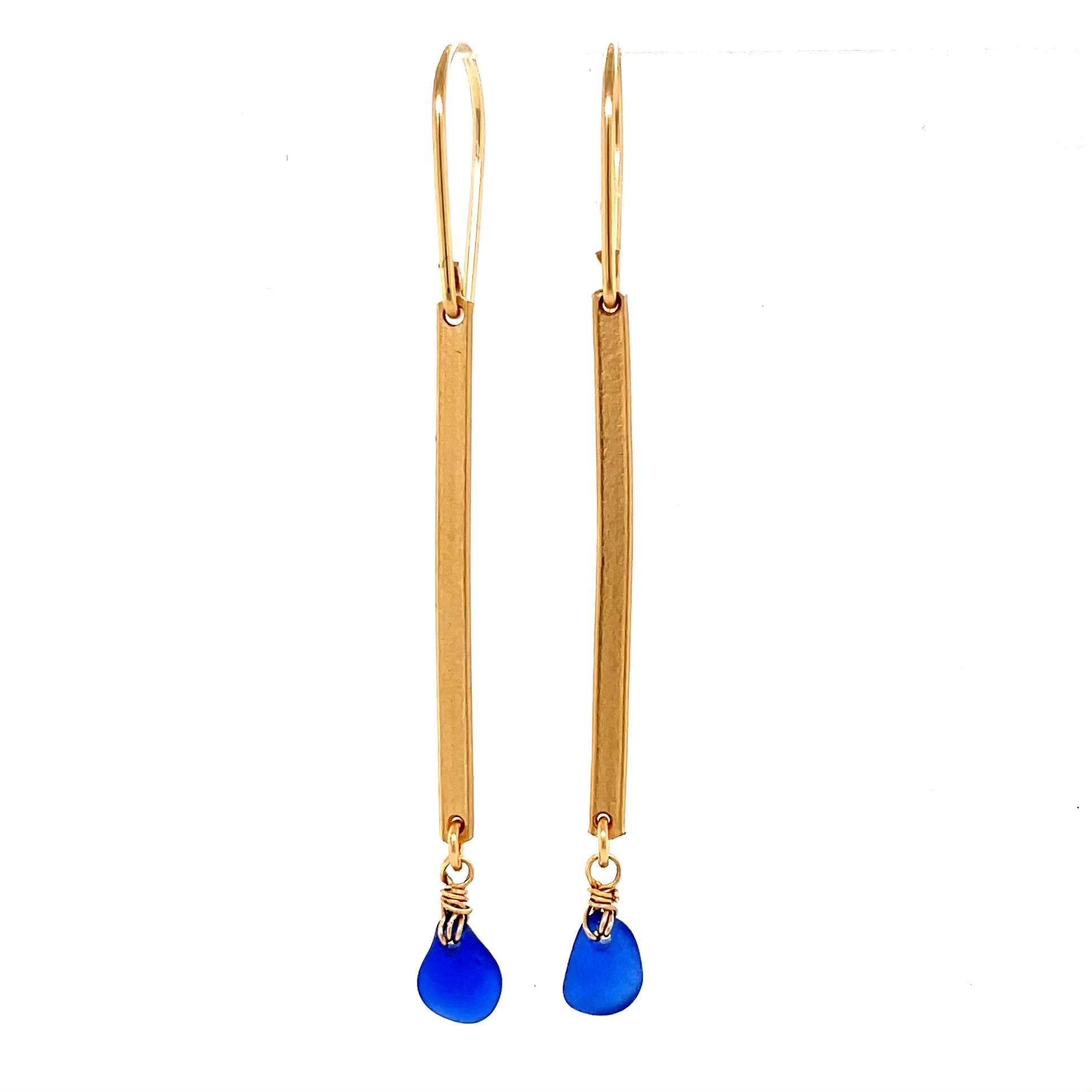 Blue Sea Glass Gold Bar Earrings