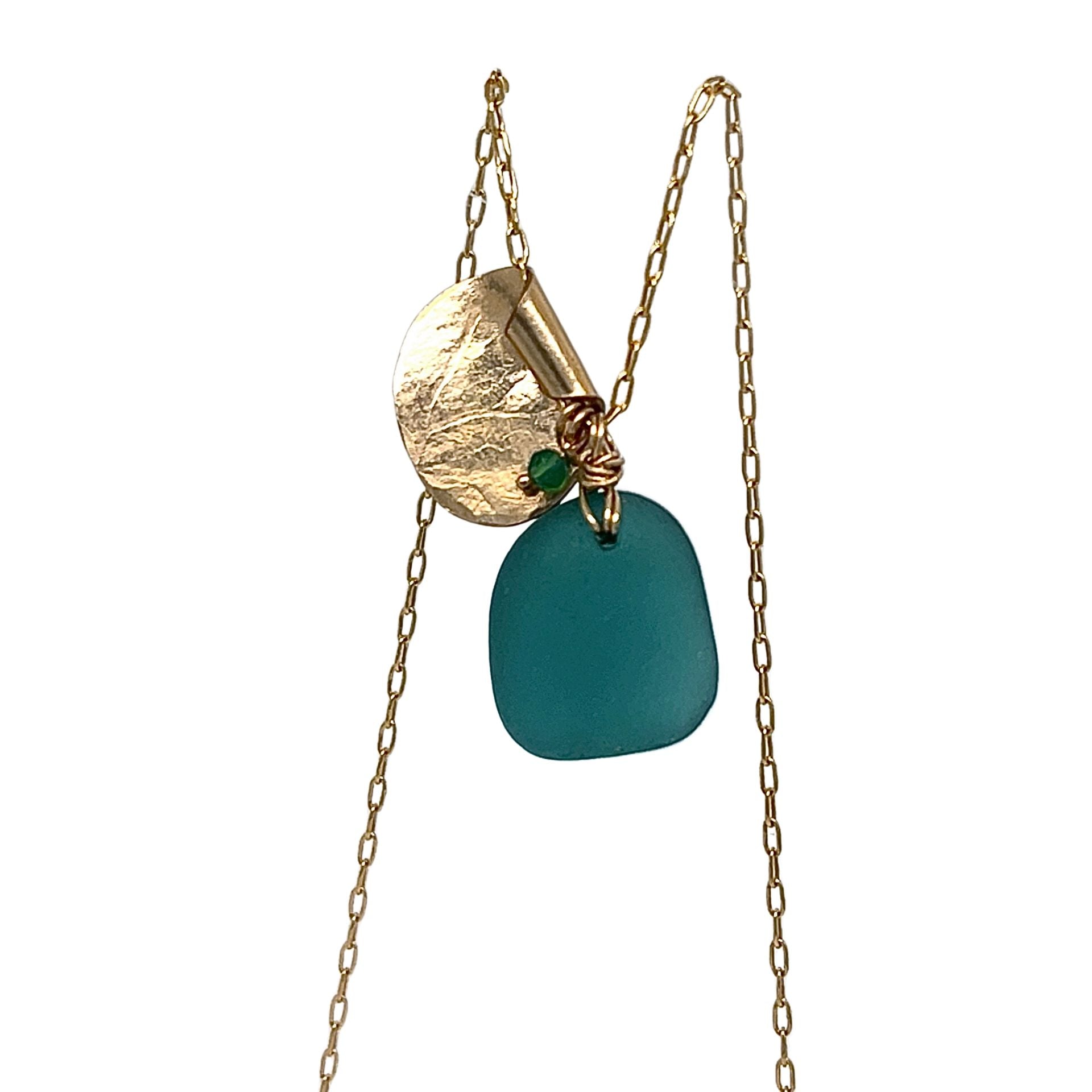 Teal sea glass necklace with folded gold leaf and green onyx bead