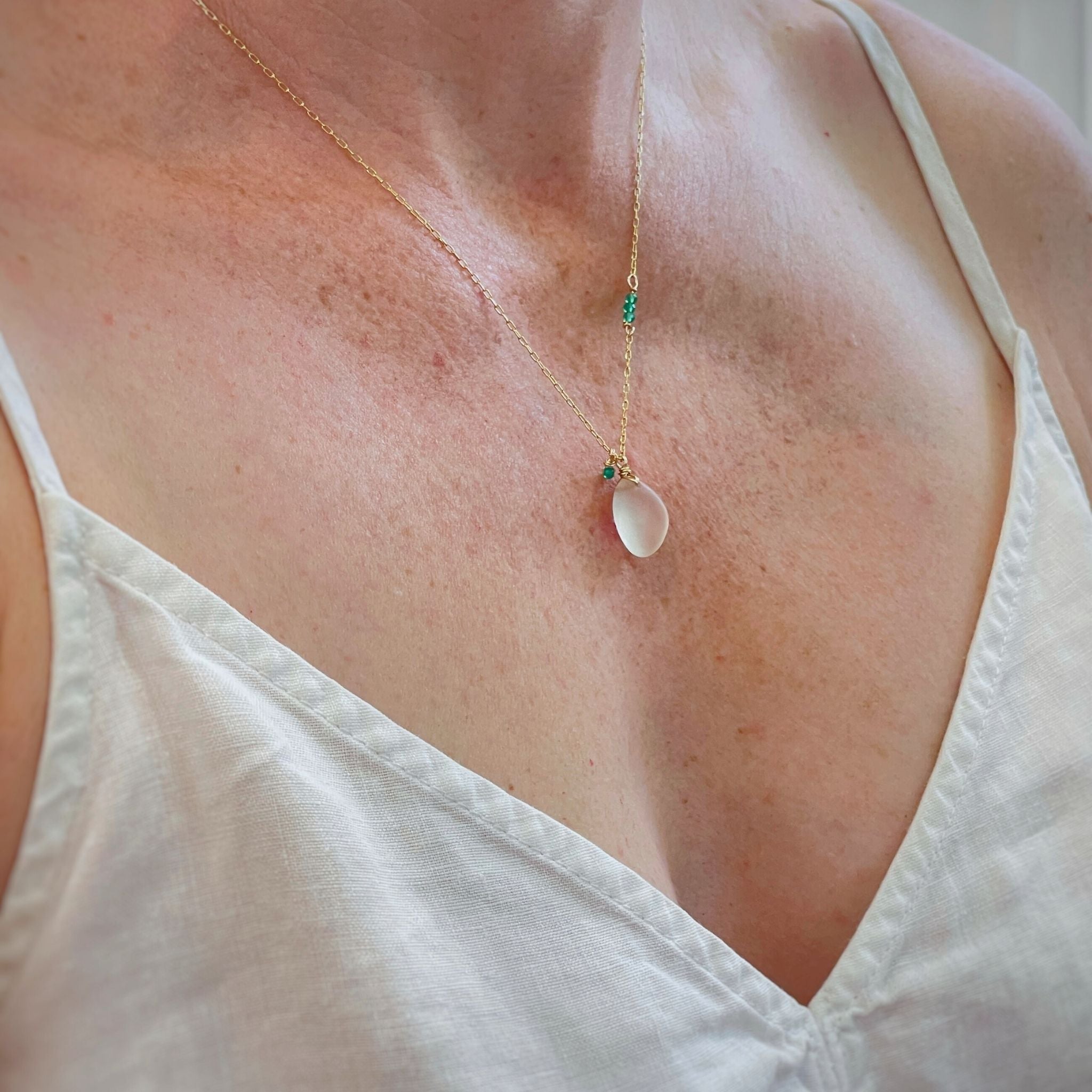 Clear Sea Glass Gold Necklace with Green Onyx