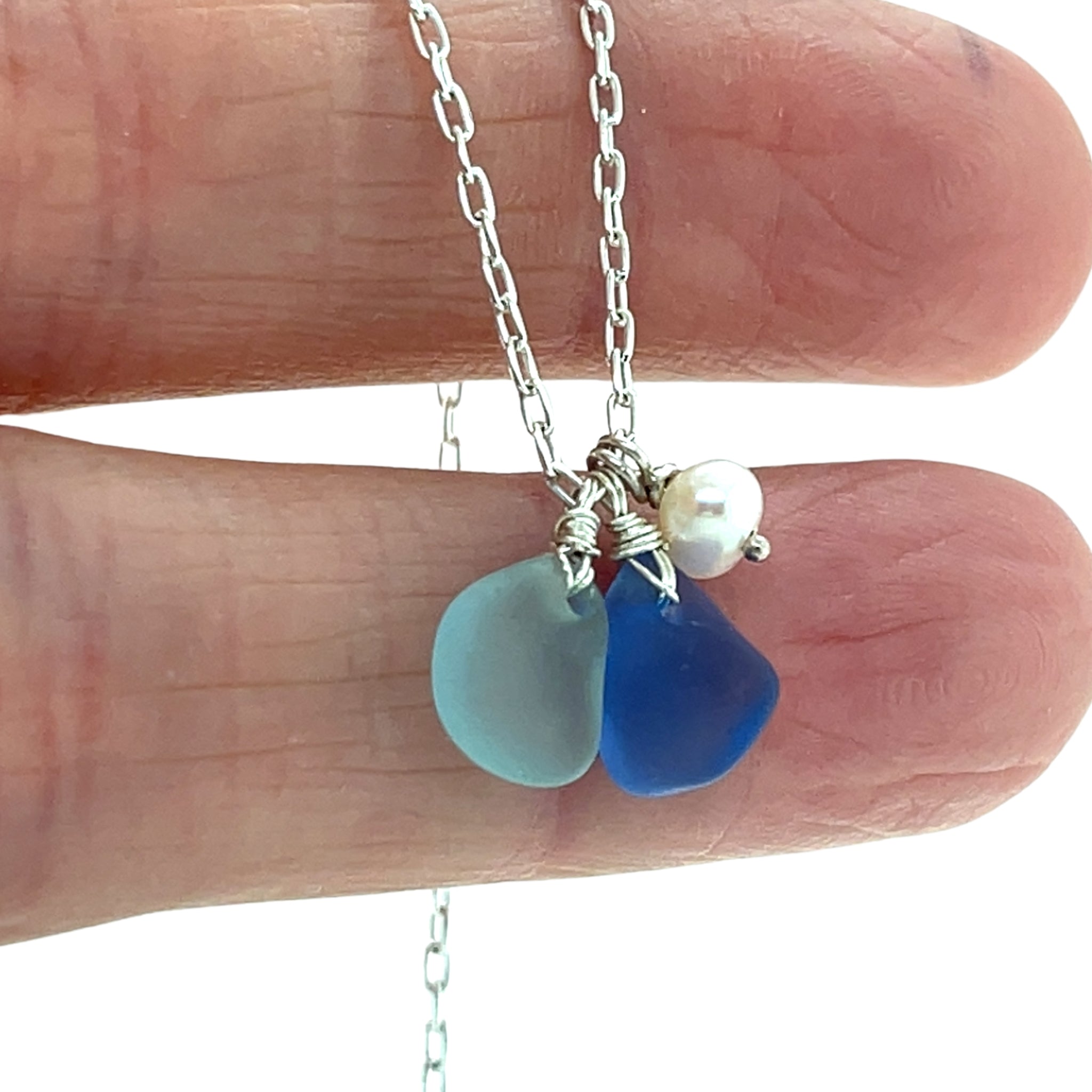 Mini Pearl, Turquoise & Blue Sea Glass Silver Charm Necklace