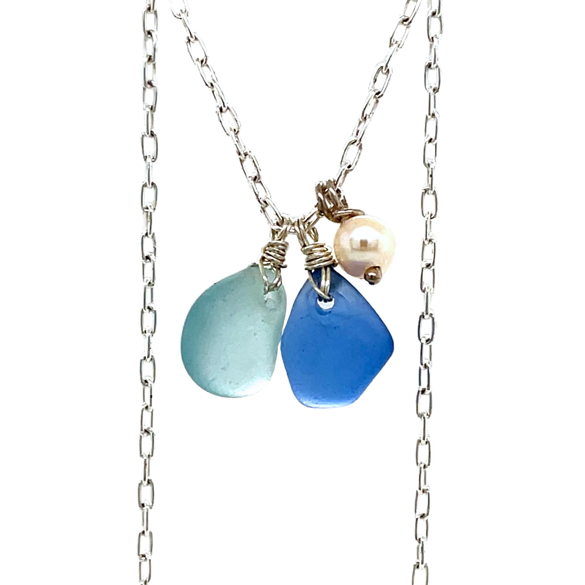 Mini Pearl, Turquoise & Blue Sea Glass Silver Charm Necklace