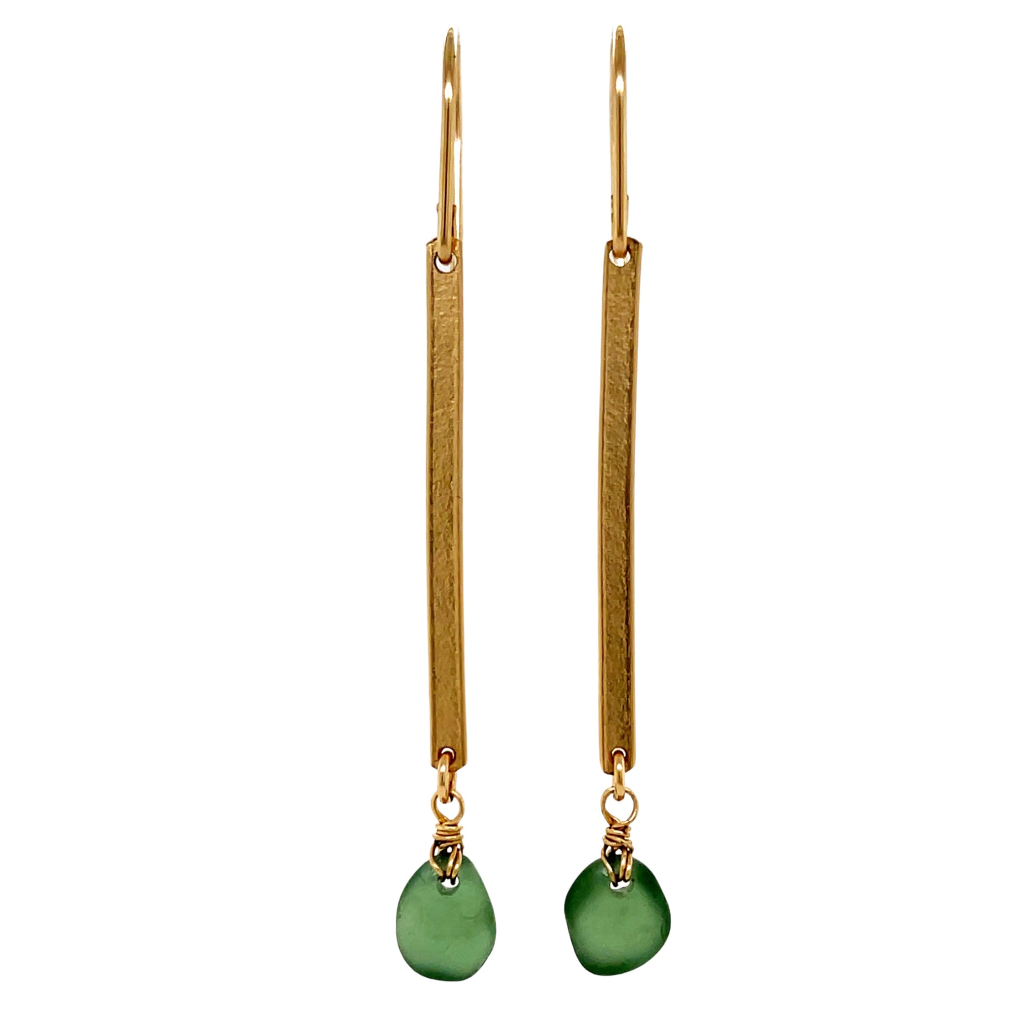 Green Sea Glass Bar Gold Earrings