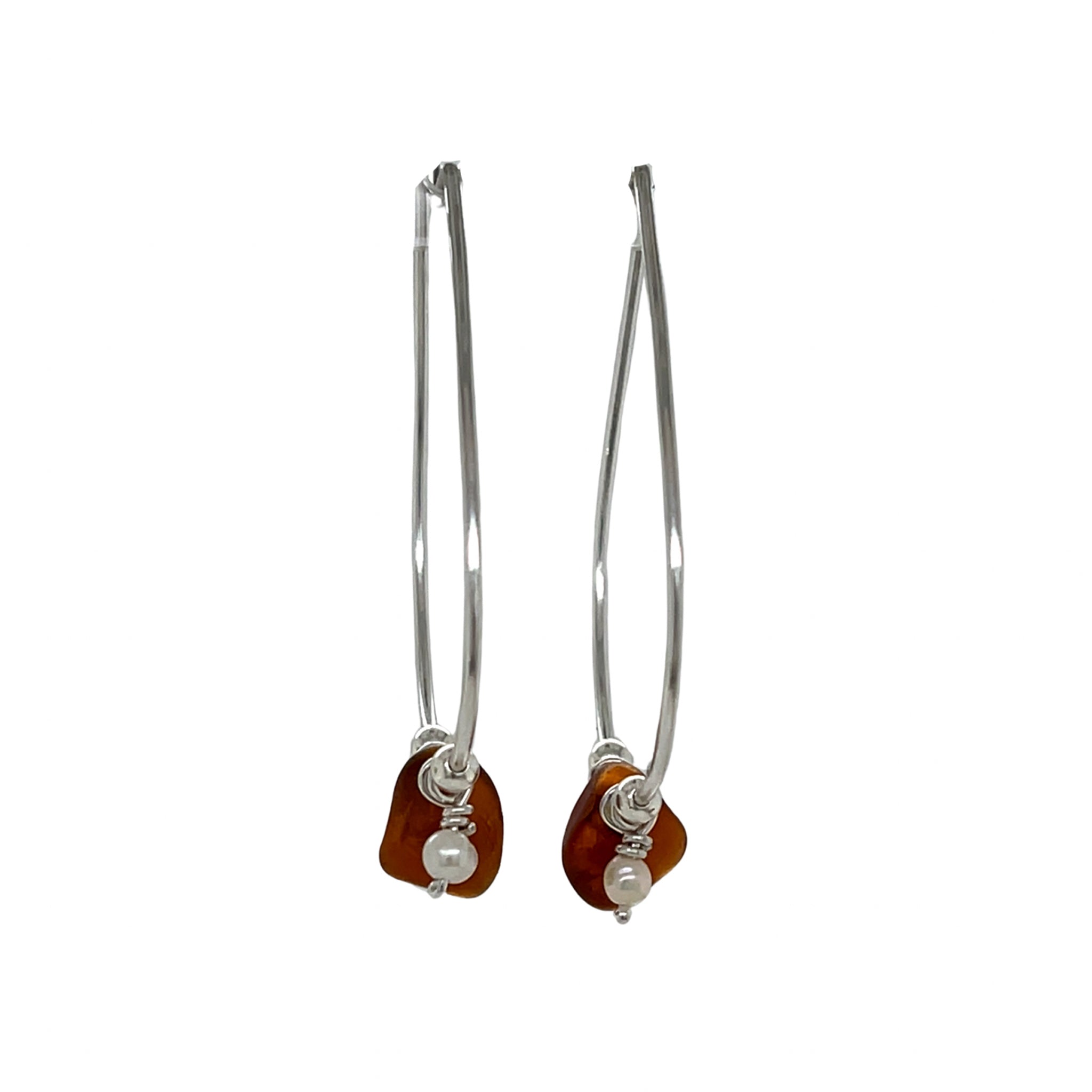 Amber Sea Glass & Pearl Silver Hoops