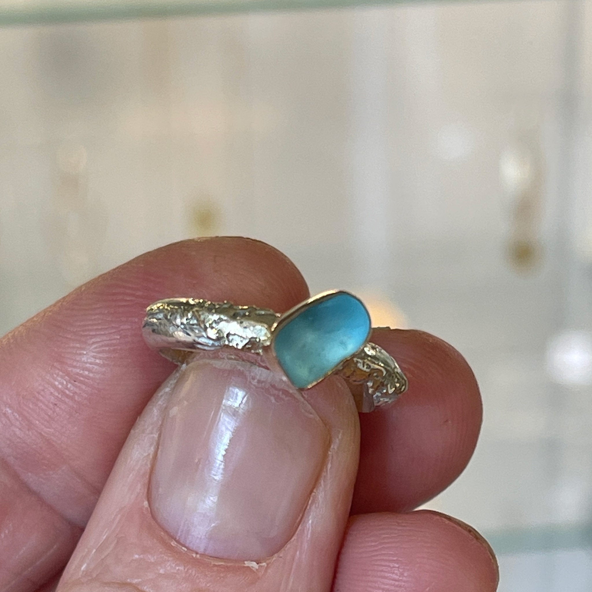 Turquoise Sea Glass Gold and Silver Melt Ring