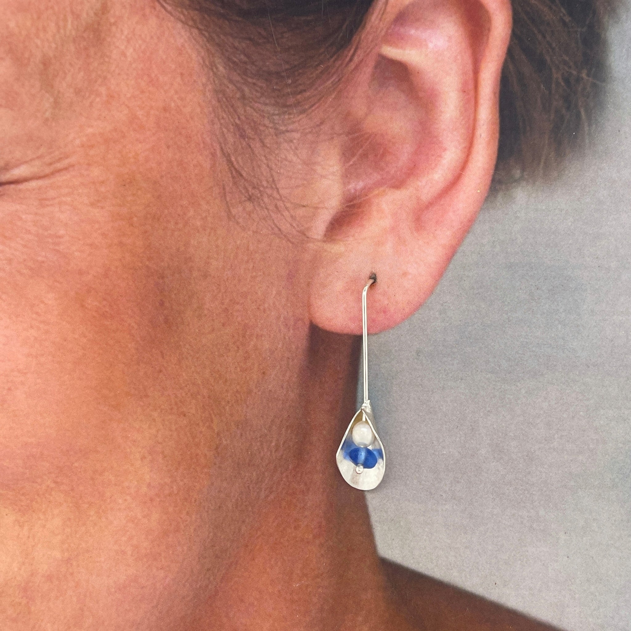 Blue Sea Glass & Pearl Silver Drop Earrings