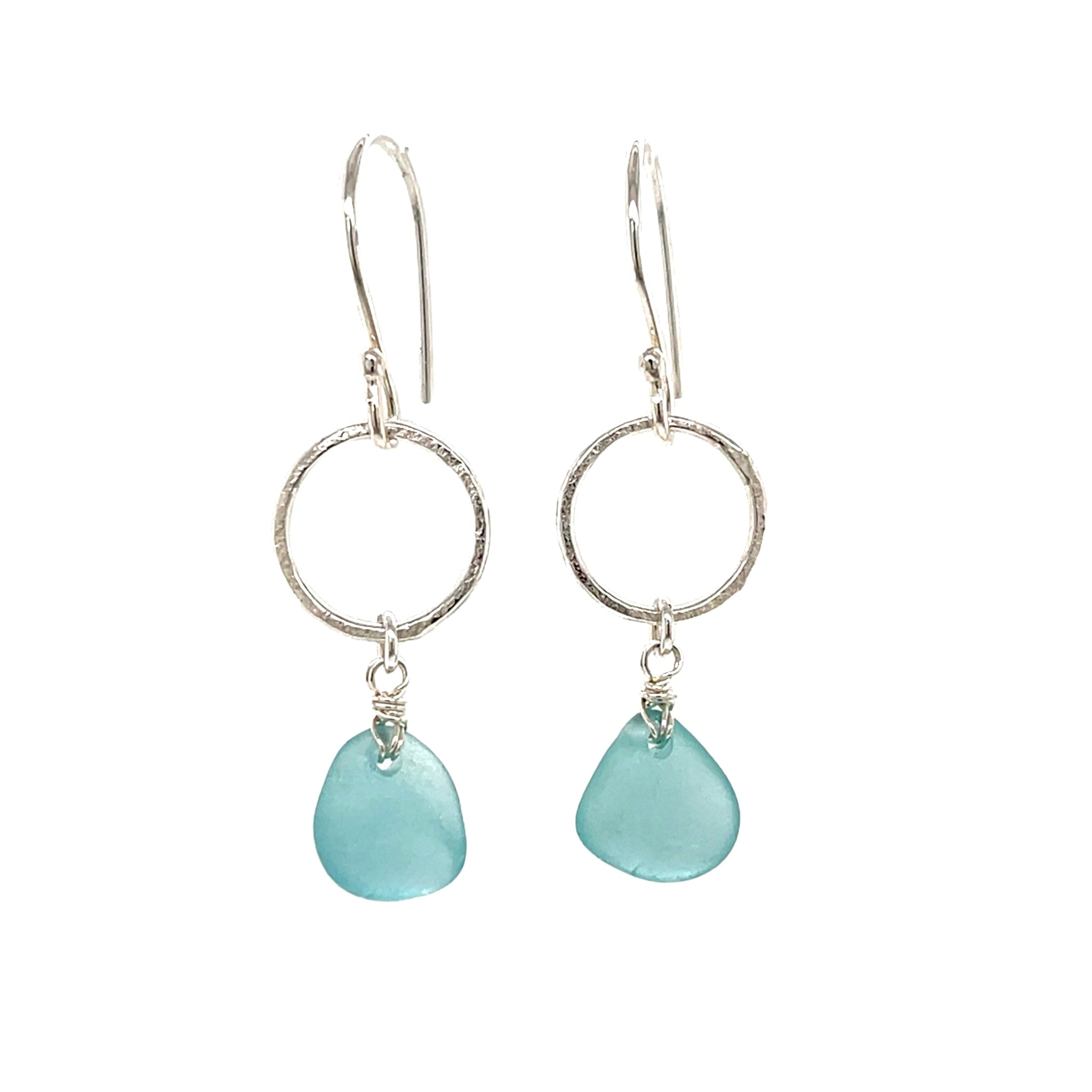 Turquoise Sea Glass Silver Circle Earrings