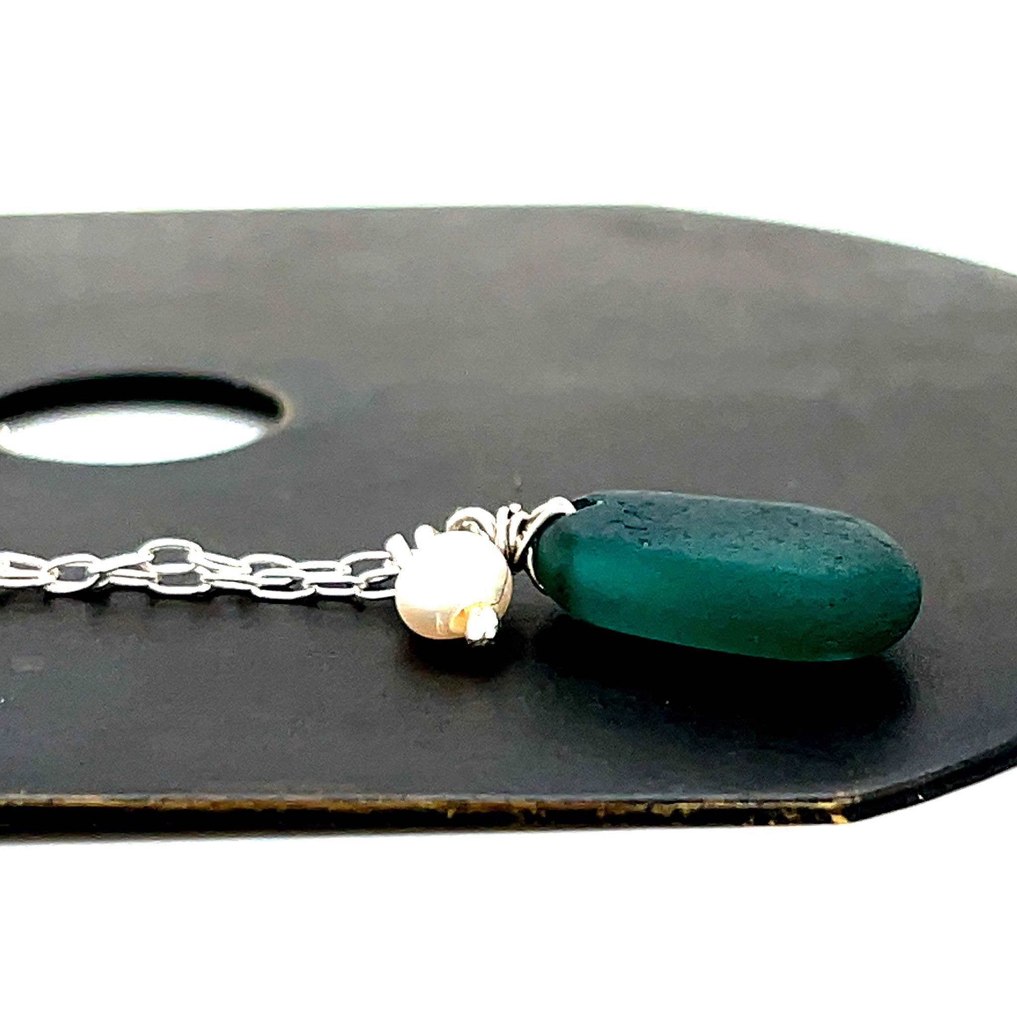 Teal Green &amp; Pearl Silver Necklace - Sea Glass Necklace