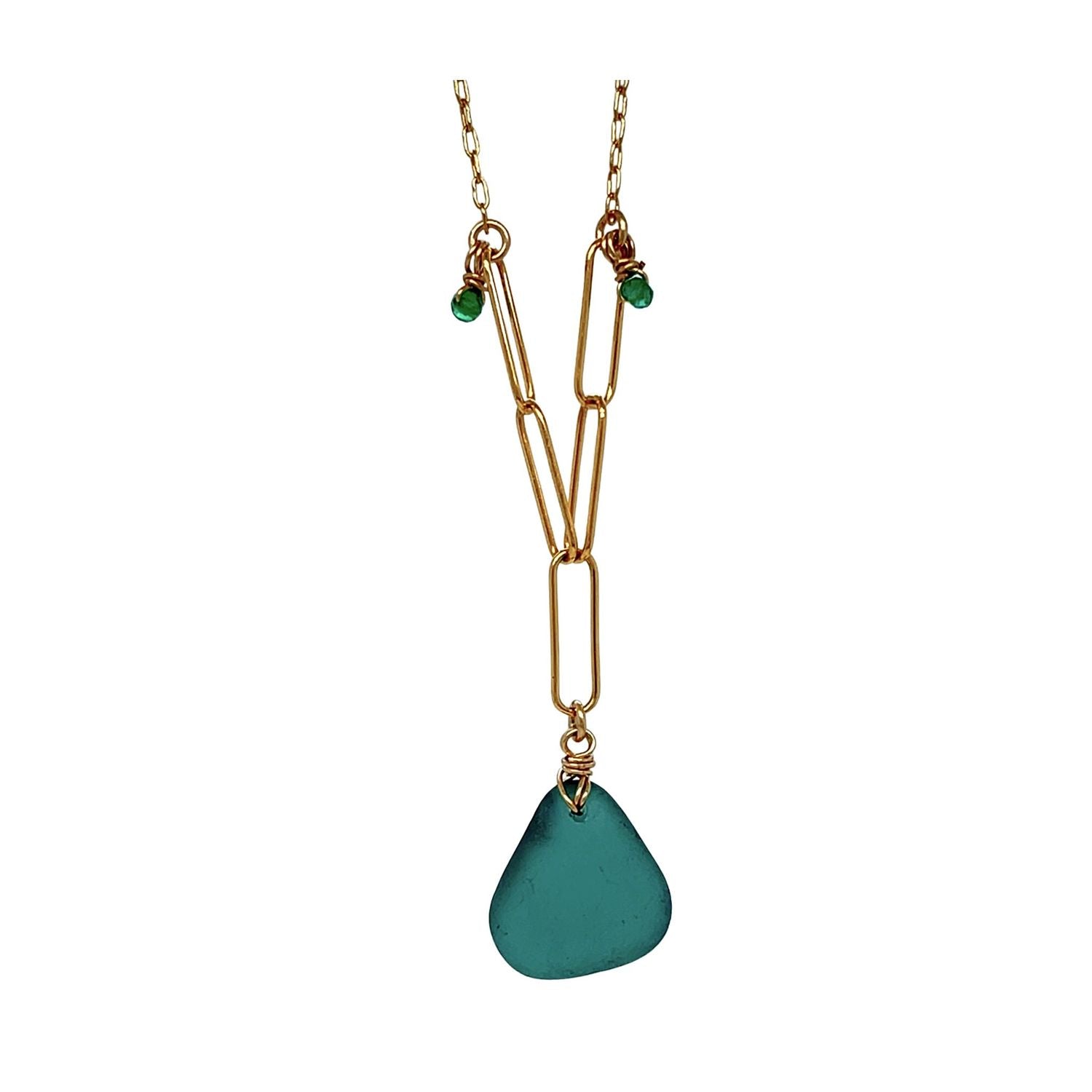 Coastal-inspired gold chain necklace with teal pendant and onyx beads