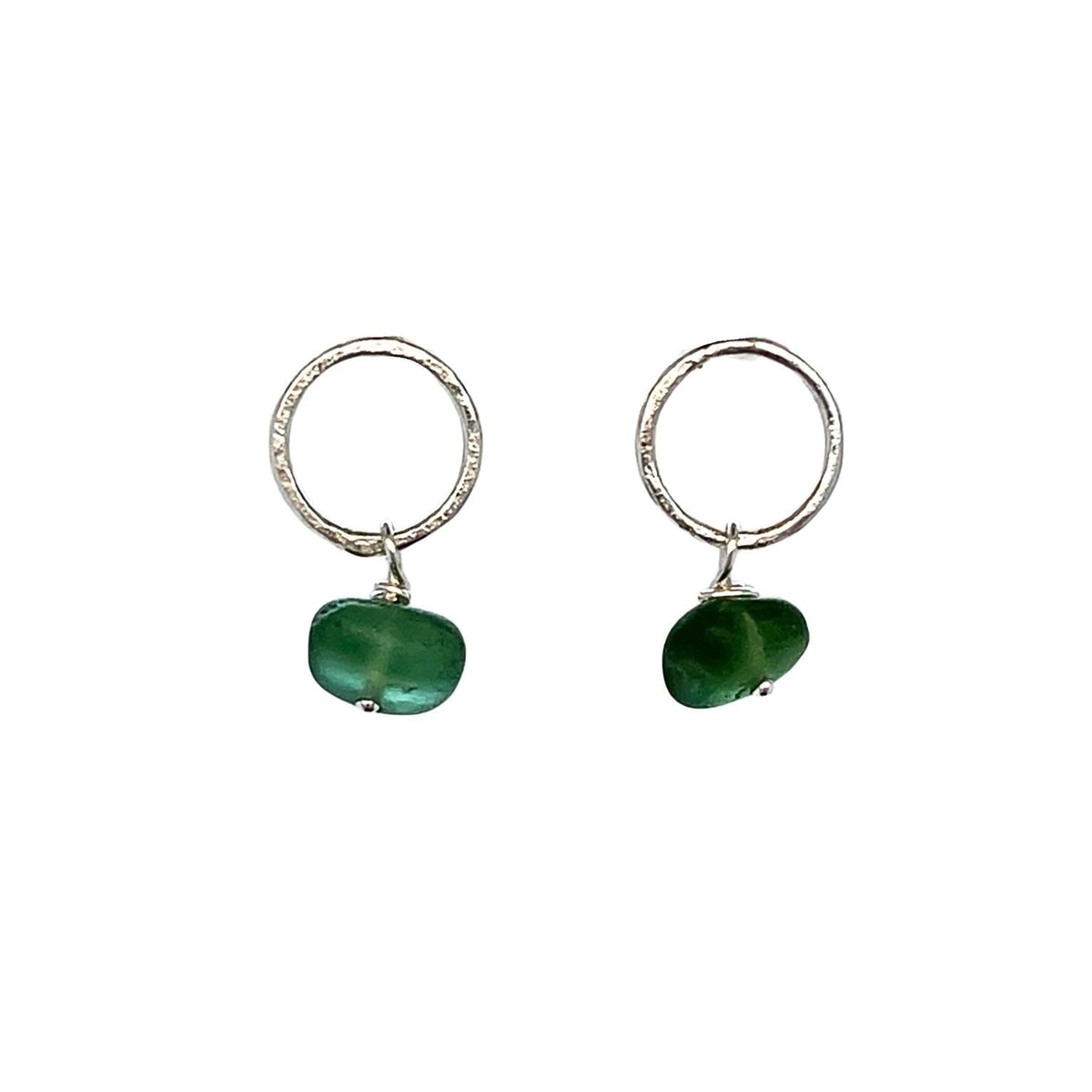 Tiny green sea glass earrings on sterling silver circle studs