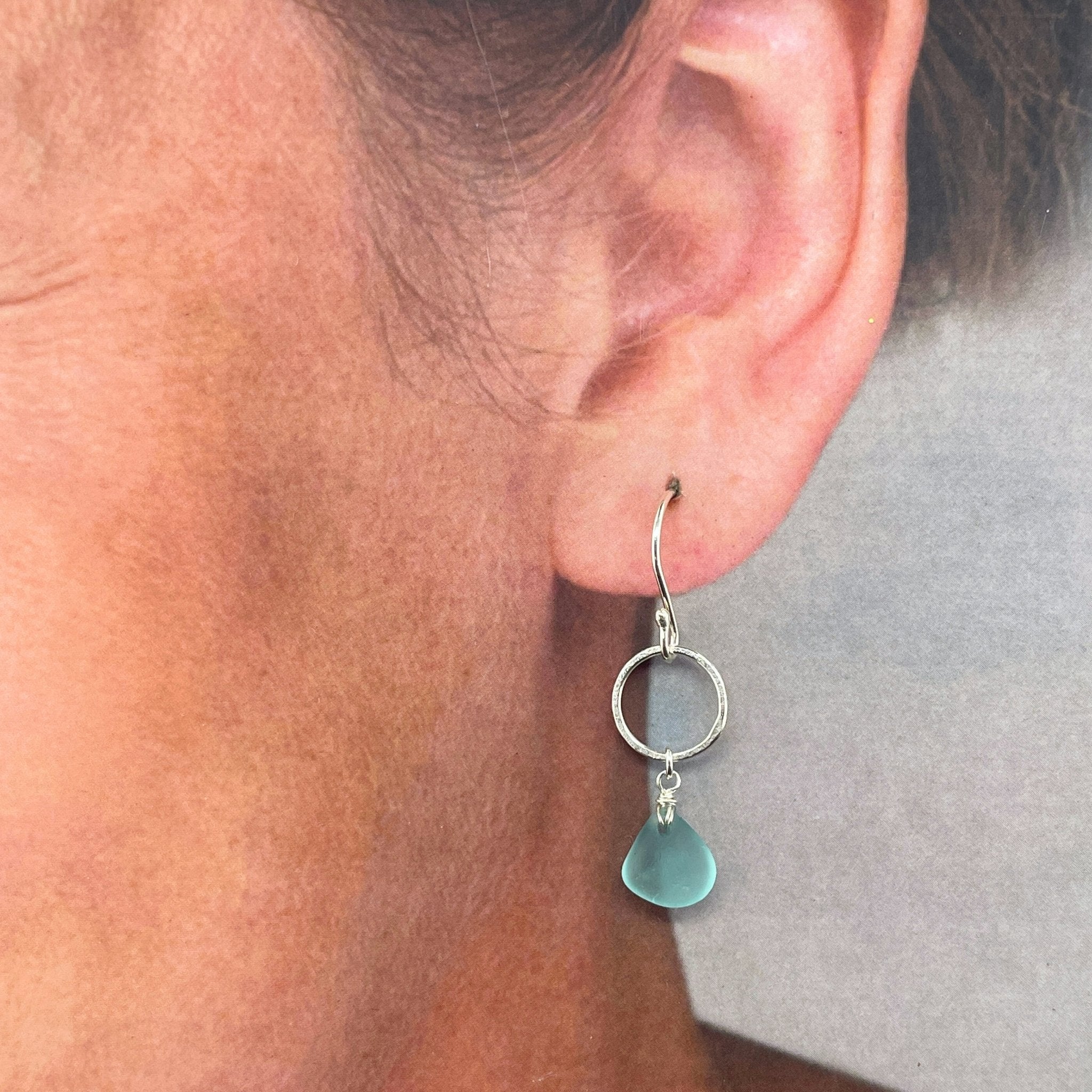 Turquoise Sea Glass Circle Silver Earrings
