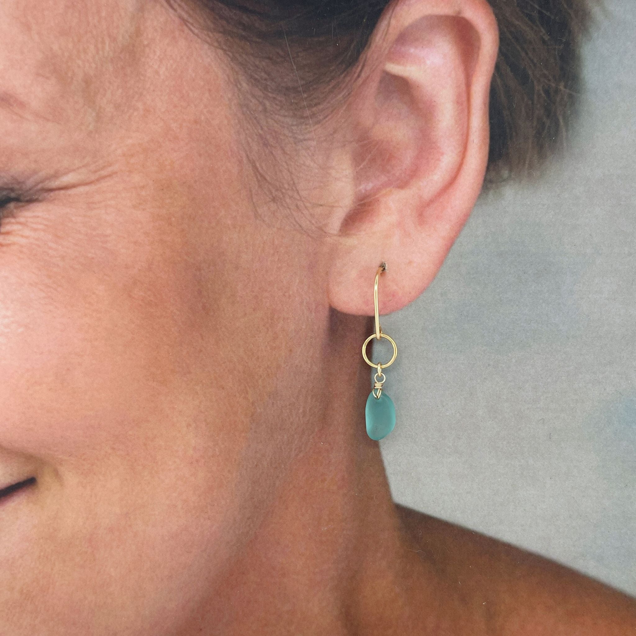 Turquoise Sea Glass Gold Circle Earrings