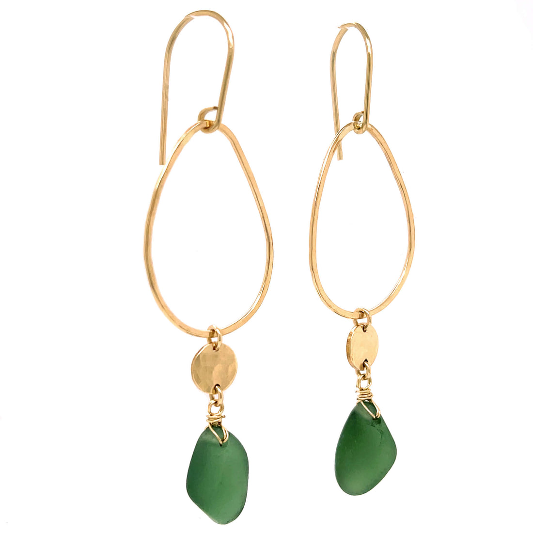 emerald green sea glass and gold earrings disc earrings statement jewellery Kriket Broadhurst 
