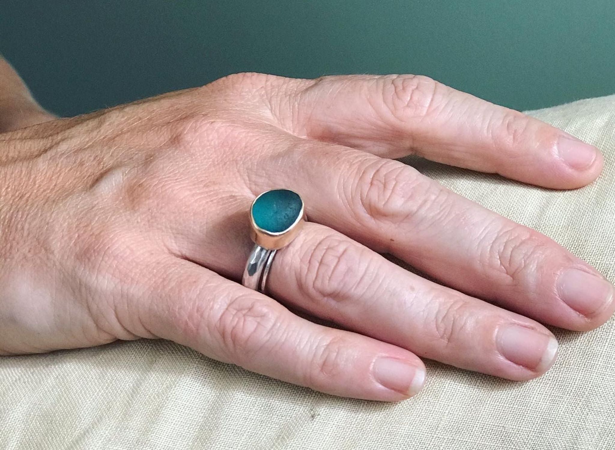 teal sea glass jewellery teal and gold ring