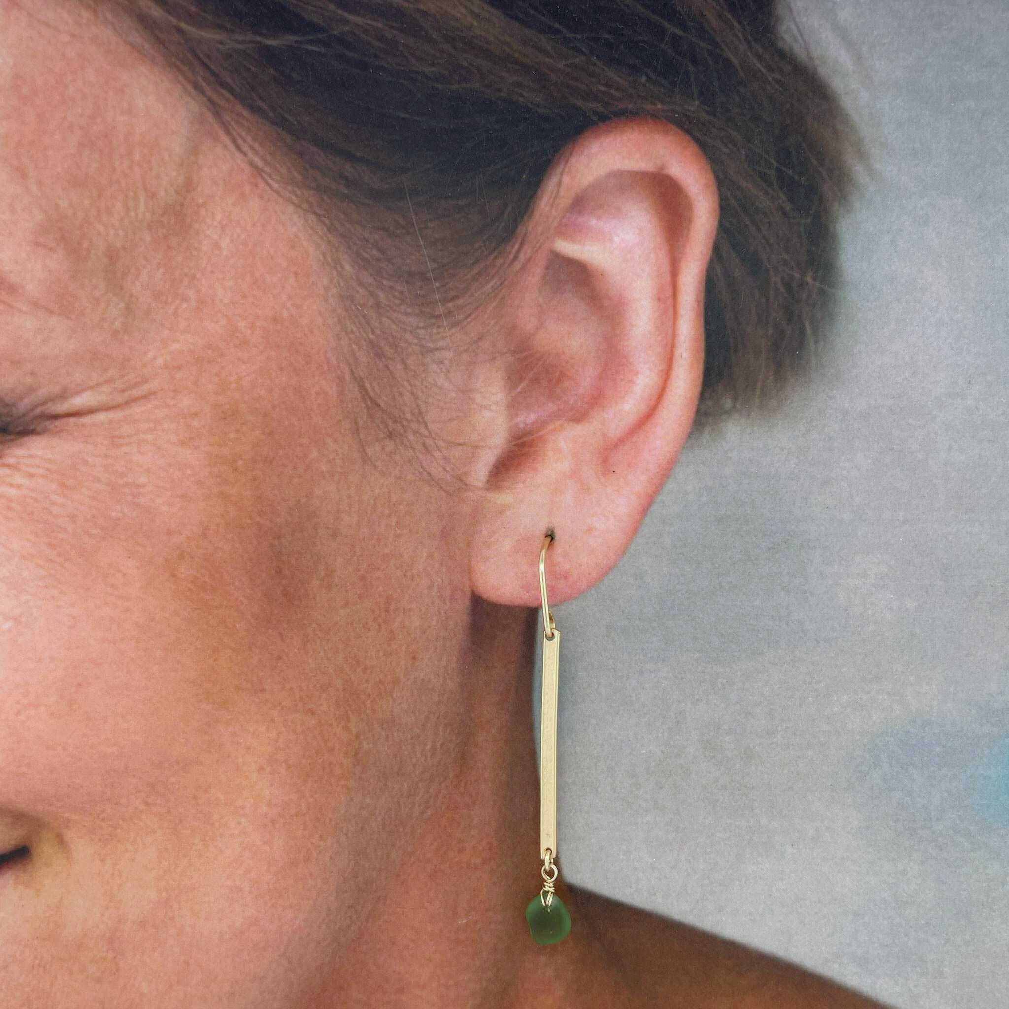 Green Sea Glass Bar Gold Earrings