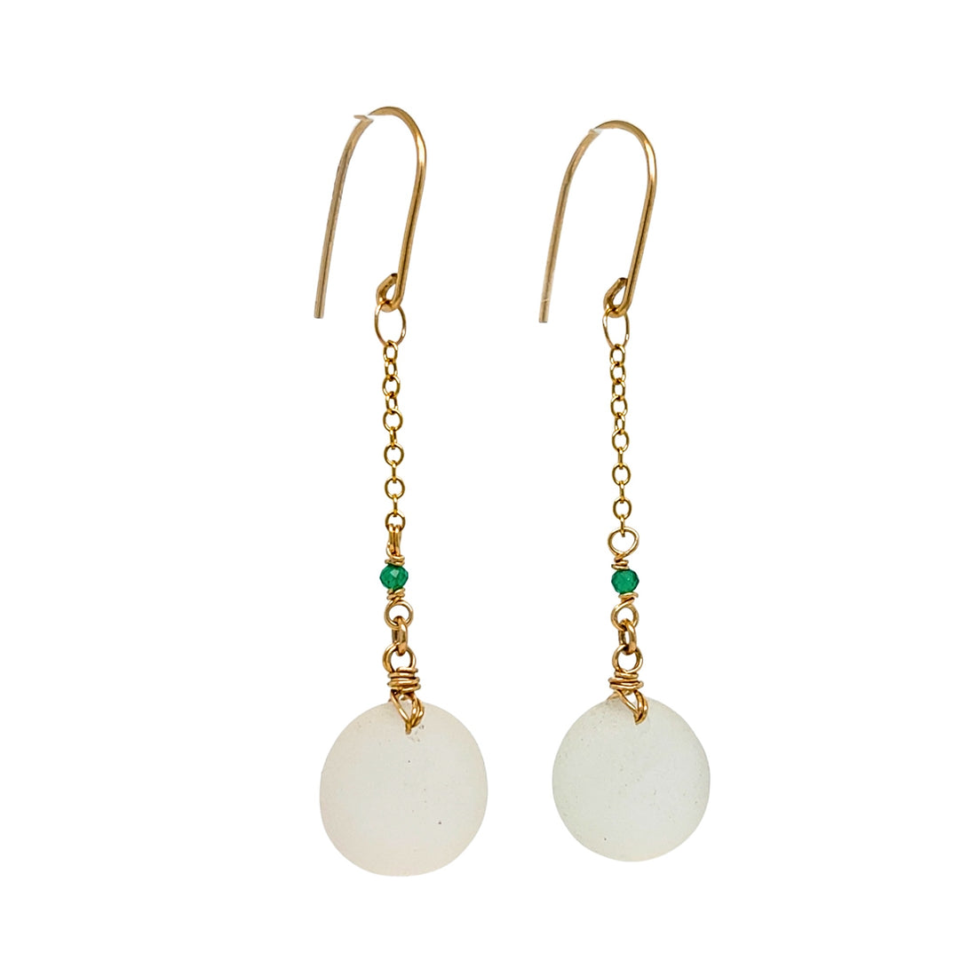 Clear Sea Glass &amp; Green Onyx  Chain Gold Earrings