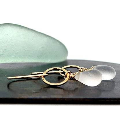 Clear Sea Glass Circle Gold Earrings