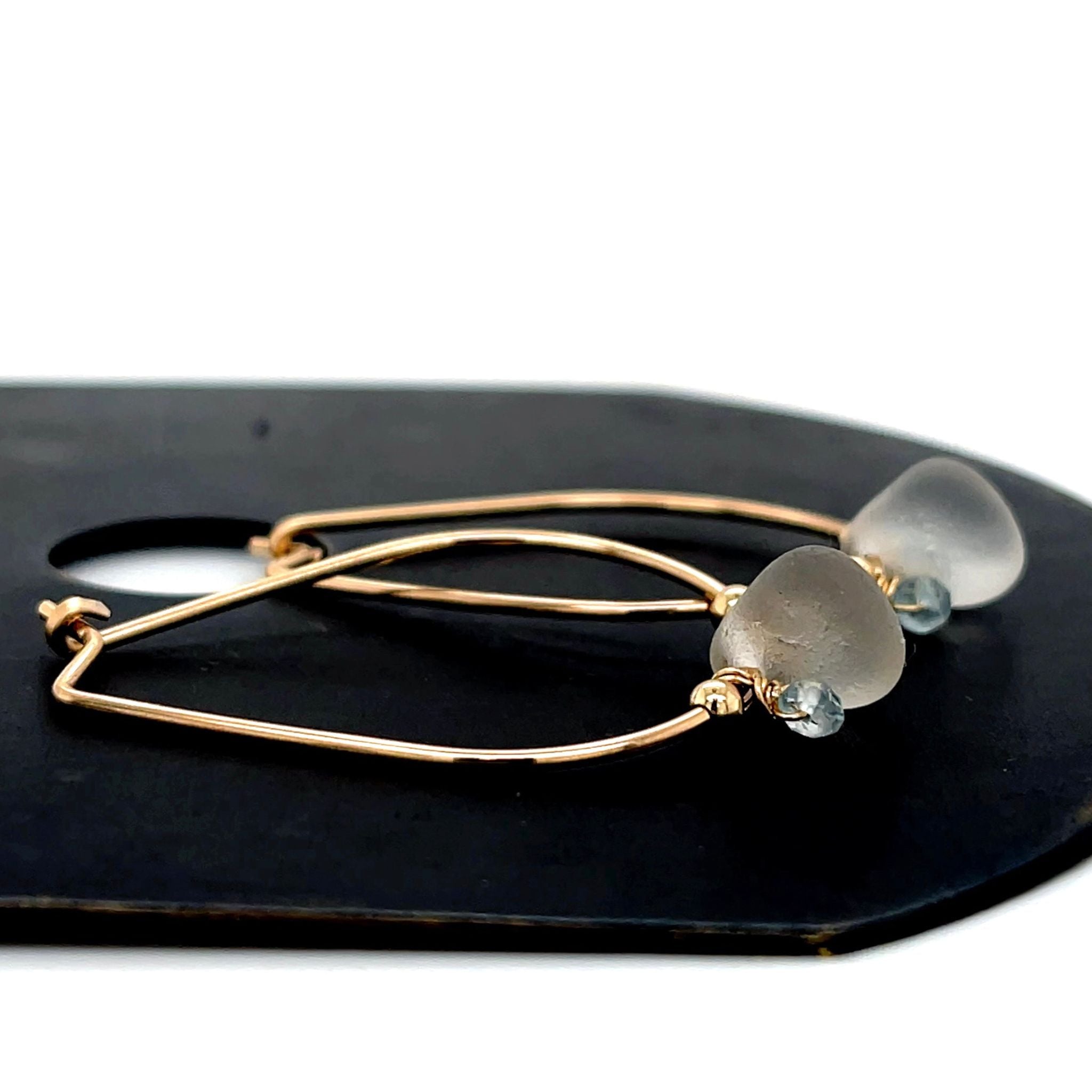 Gold Hoop Earrings - Clear Sea Glass Earrings - Aquamarine Gold Earrings