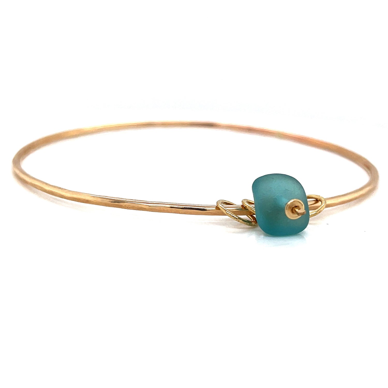 Elegant Turquoise Blue Sea Glass Gold Charm Bangle with Circle Charms – Handcrafted Beach Jewellery for a Stylish Statement