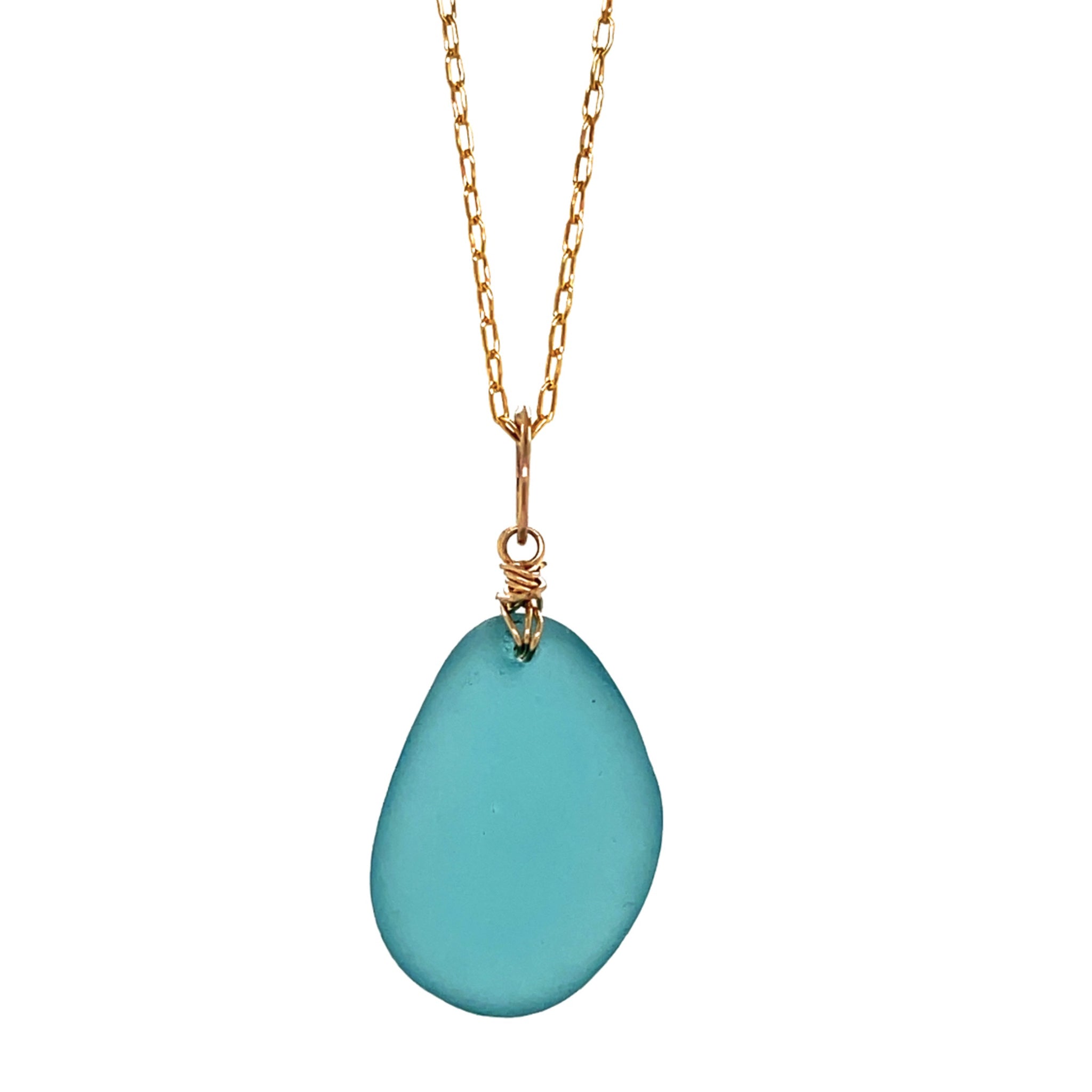 Turquoise sea glass nugget pendant with organic gold bail on a fine elongated trace chain.