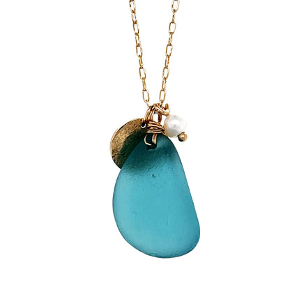 Turquoise &amp; Pearl Gold Disc Necklace - Sea Glass Necklace