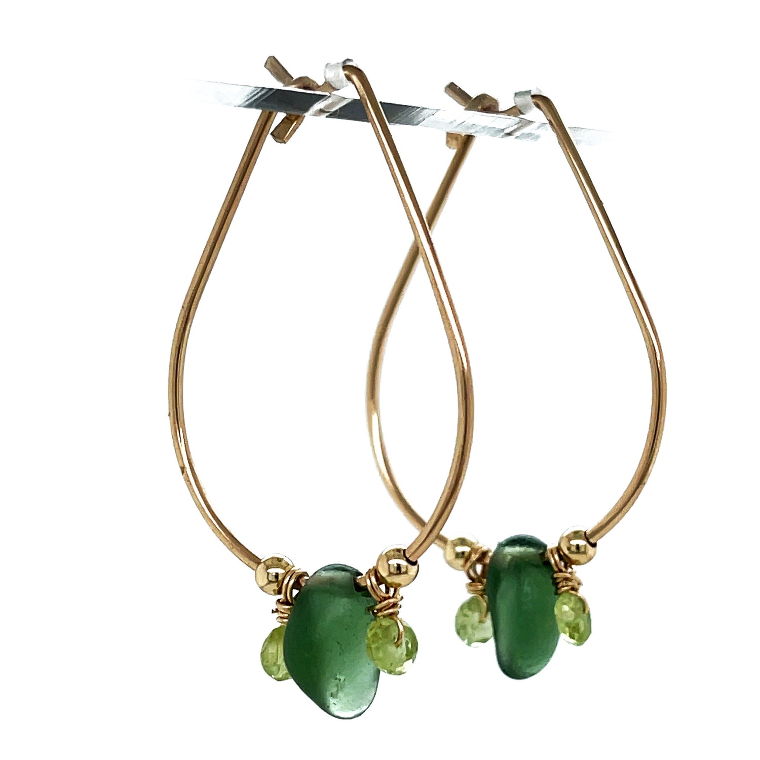 Everyday Gold Hoop Earrings with Green Sea Glass and Peridot Stones - Fashionable Hoops