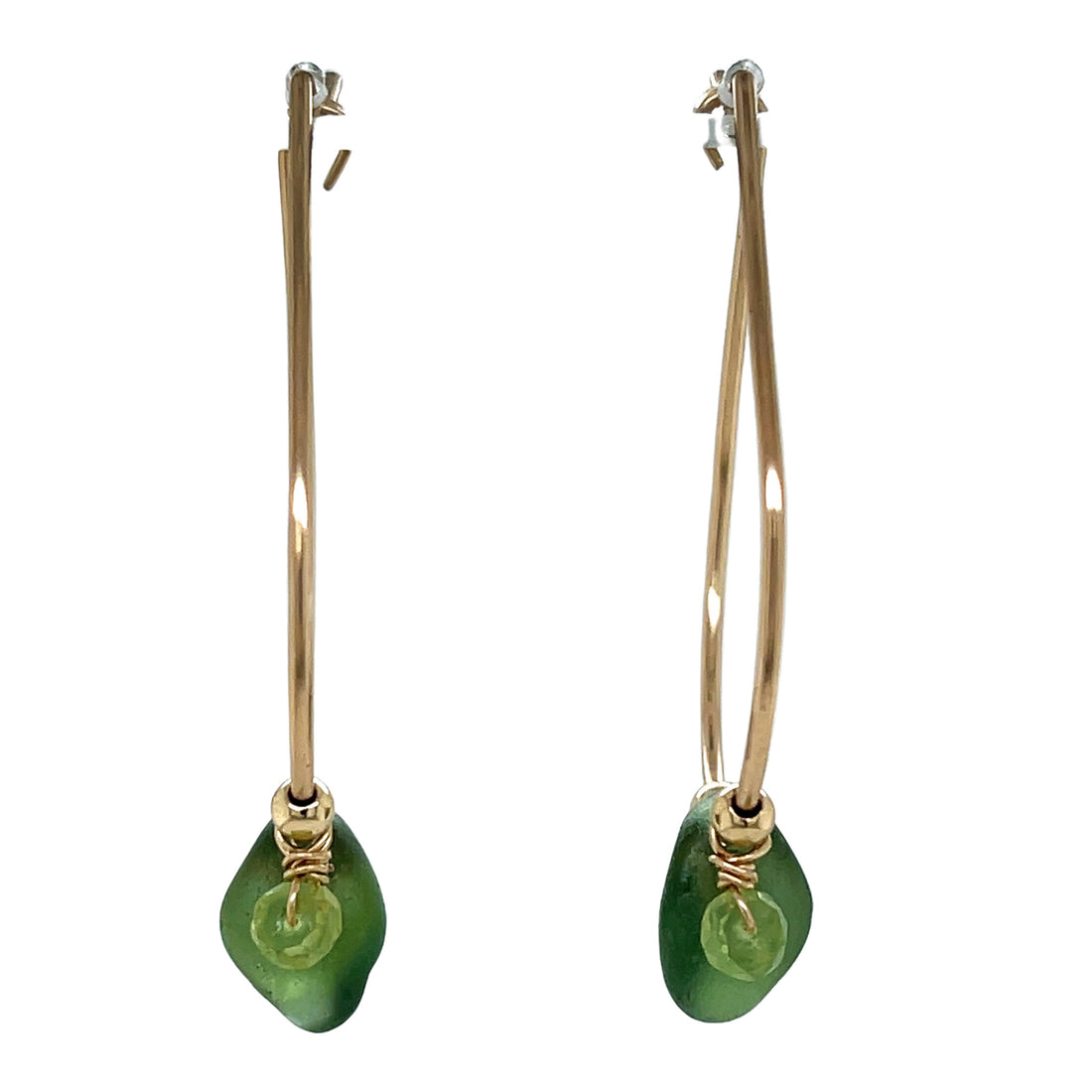 Elegant Green Sea Glass Gold Hoops with Peridot Accents - Handcrafted Everyday Earrings for a Touch of Nature
