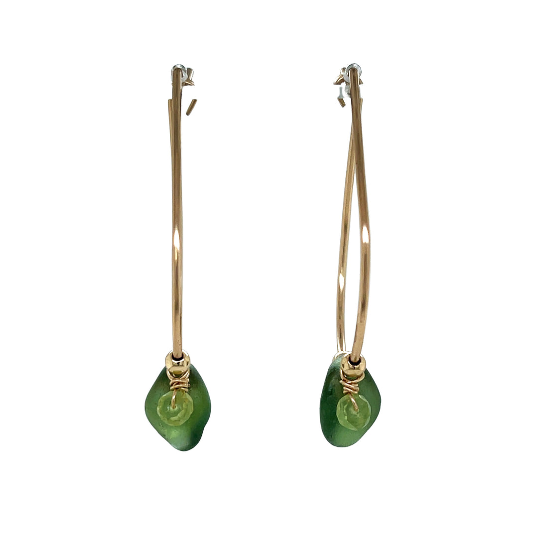 Green Sea Glass and Peridot Gold Earrings - Hoops